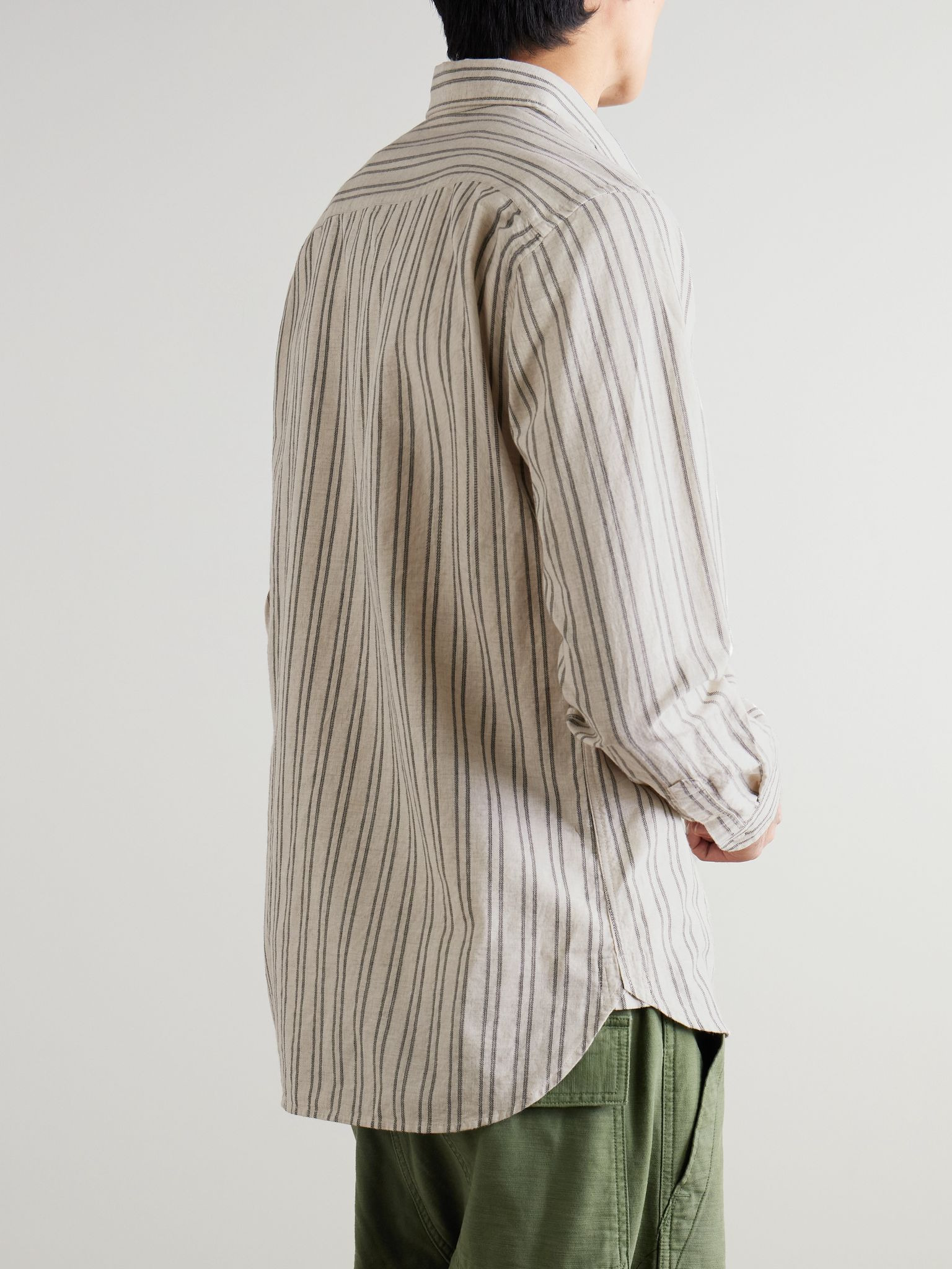 Brook Button-Down Collar Striped Cotton Shirt Beige - 4