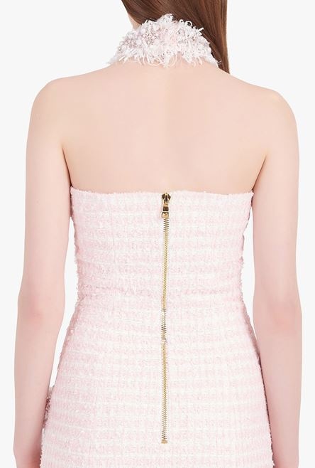 White and pale pink tweed open-back dress with embroideries - 10