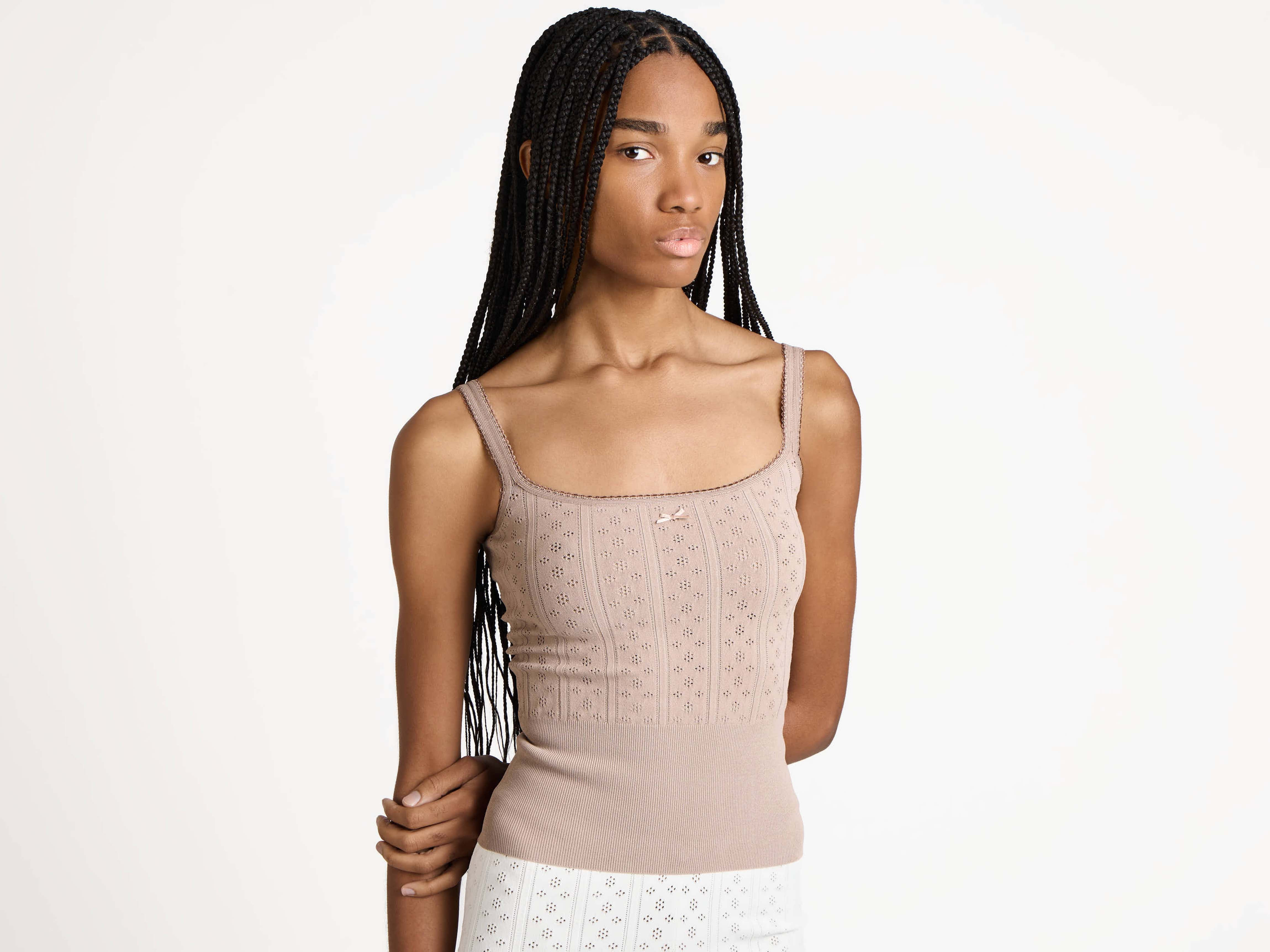 KNITTED POINTELLE CAMI TOP IN TAUPE - 5
