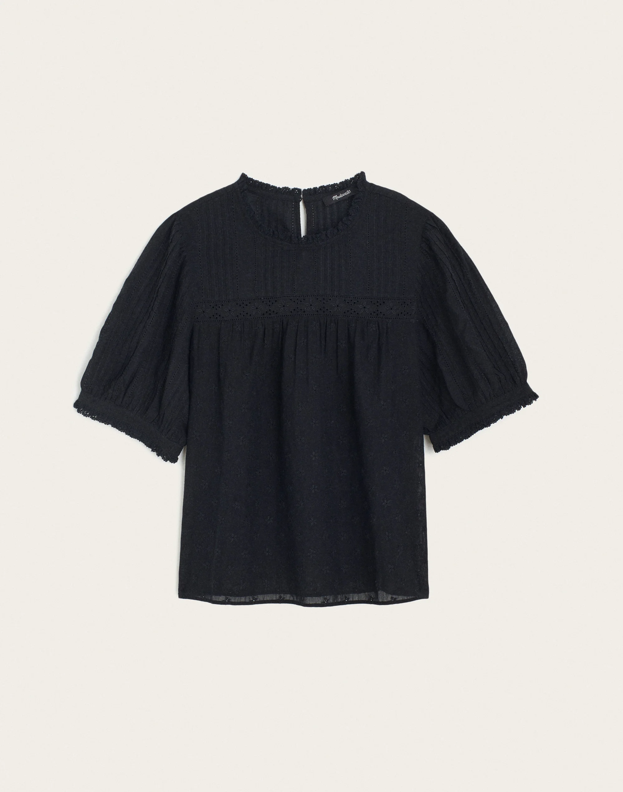 Embroidered Pintuck Crewneck Top - 1