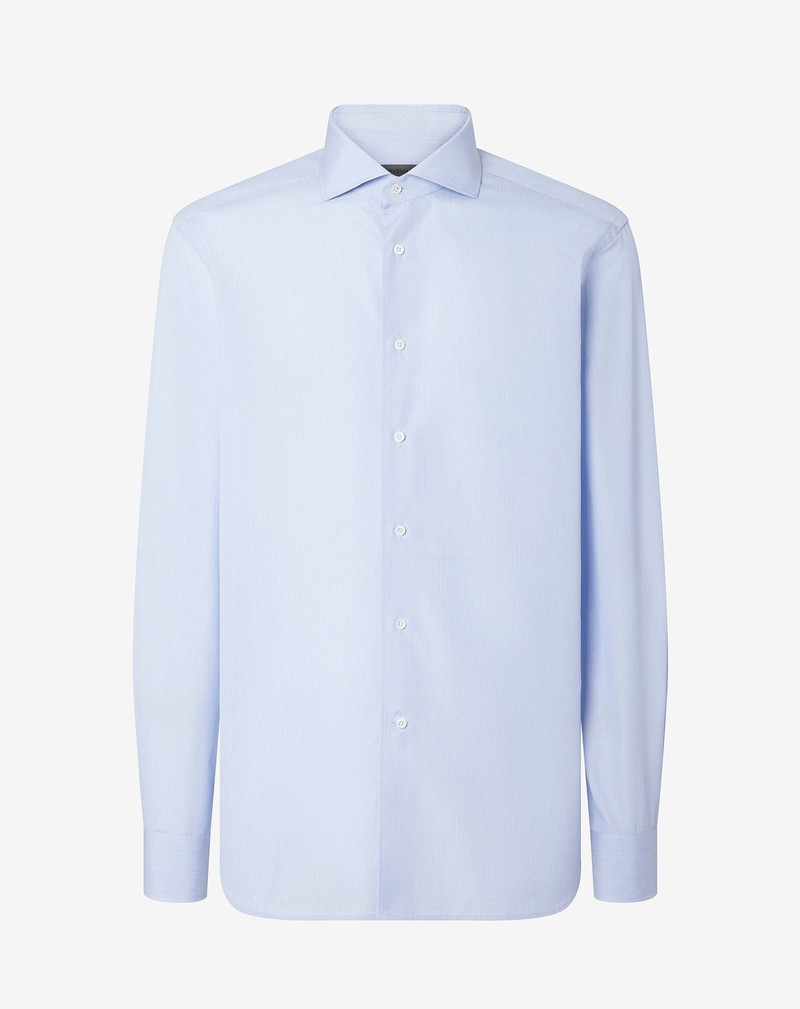Cotton poplin shirt with white and light Blue micro stripes 1
