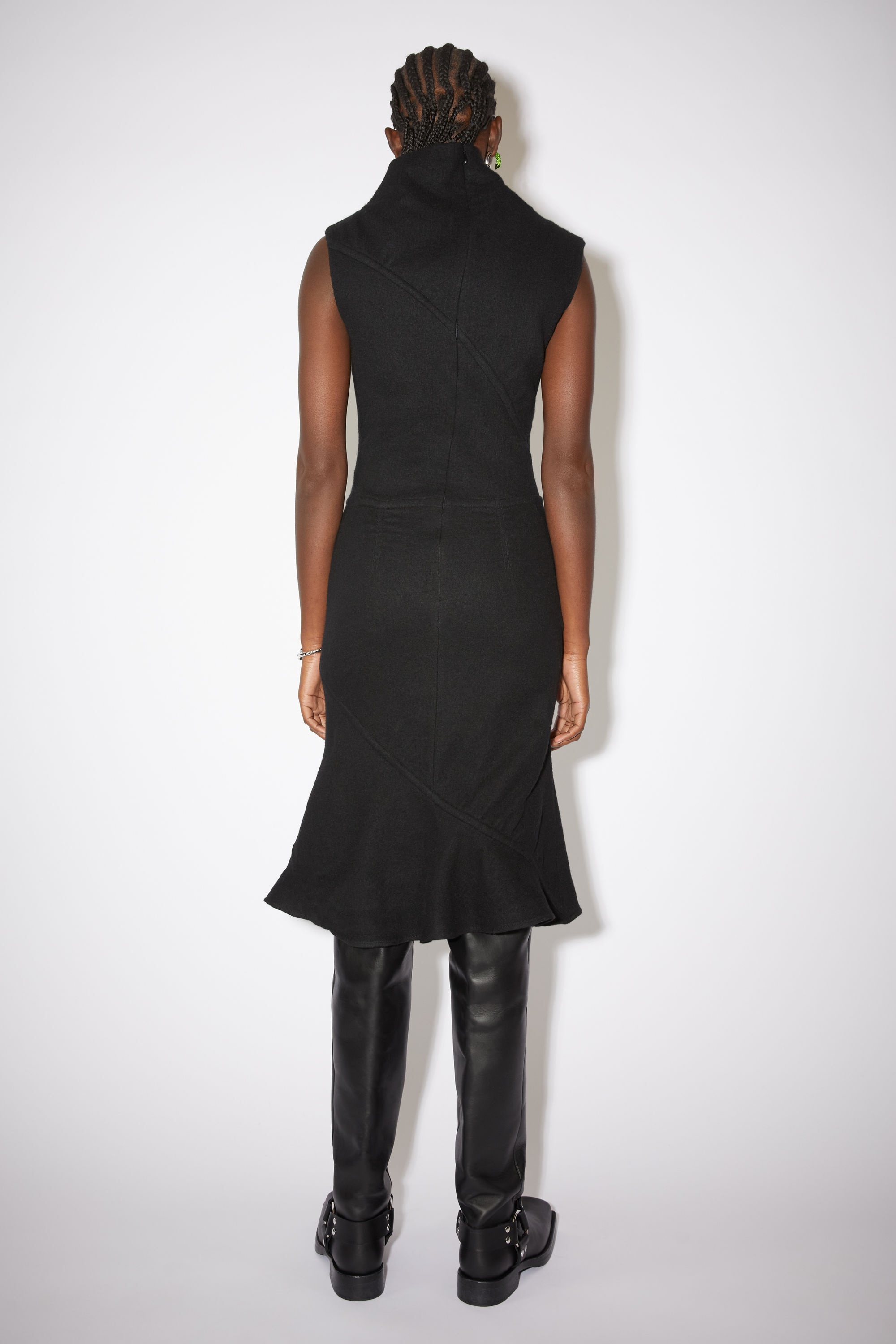 Asymmetric high neck wool dress - Black - 3
