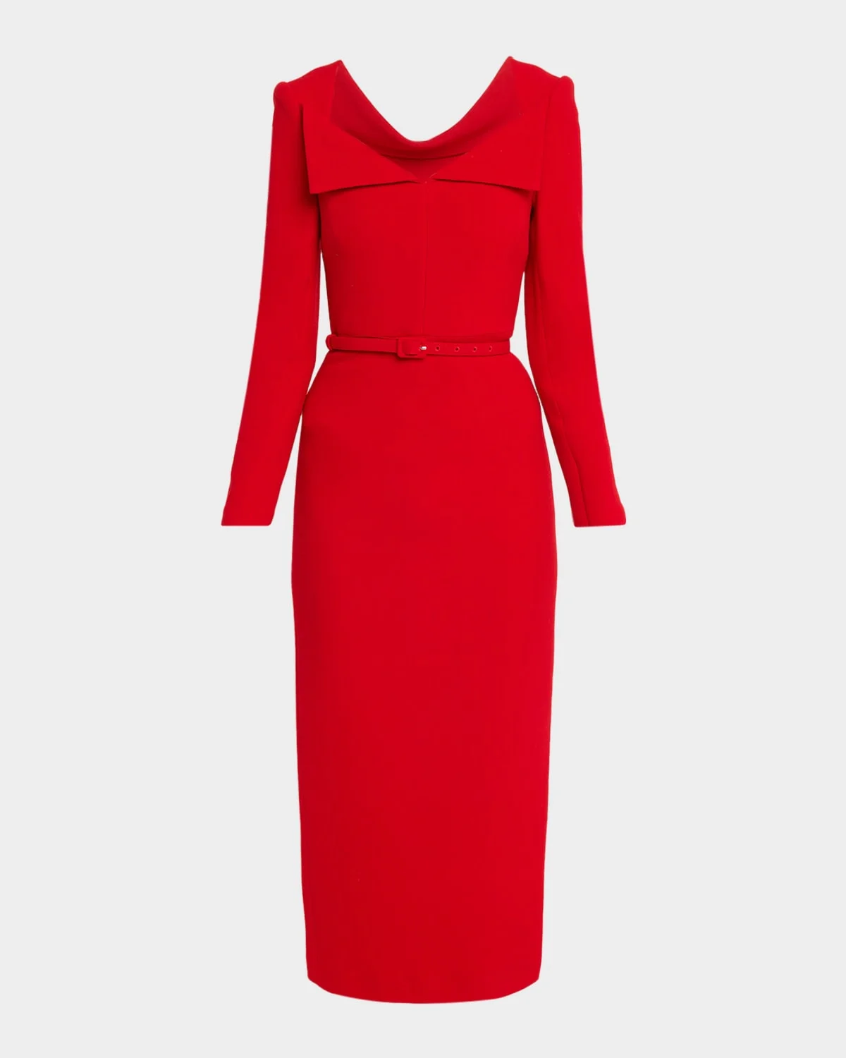 Square-Neck Belted Long-Sleeve Midi Dress - 1