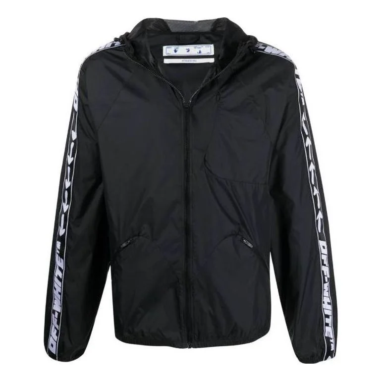 Men's Off-White SS22 Splicing Retro Sports Logo Jacquard Zipper Hooded Jacket Black OMVL014C99FAB001 - 1