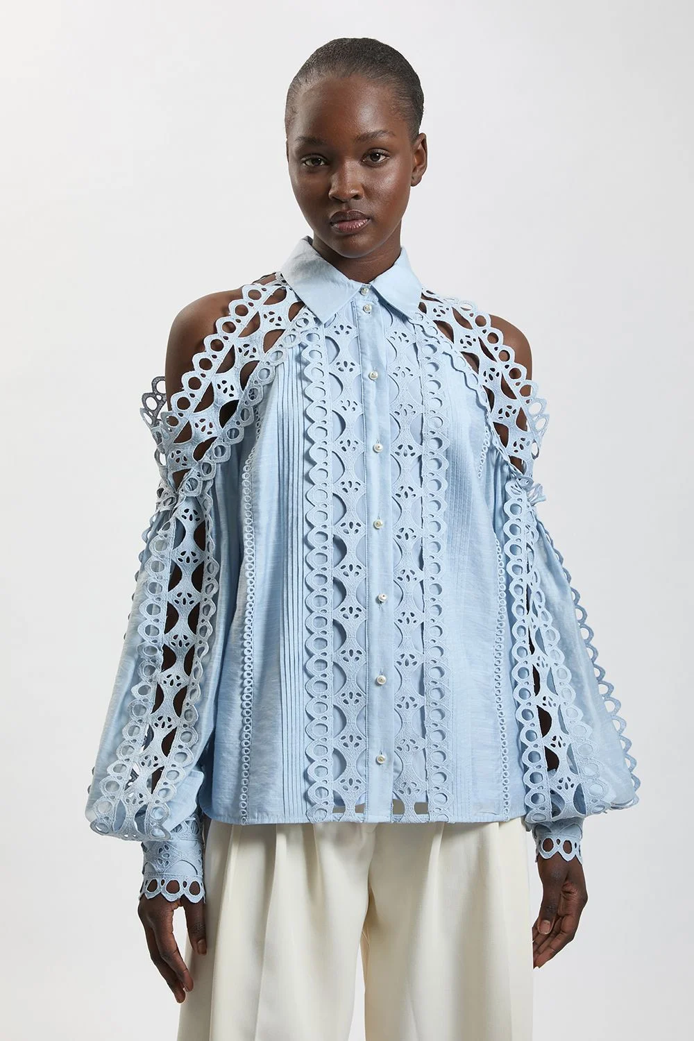 Tape Detail Cold Shoulder Woven Blouse - 1