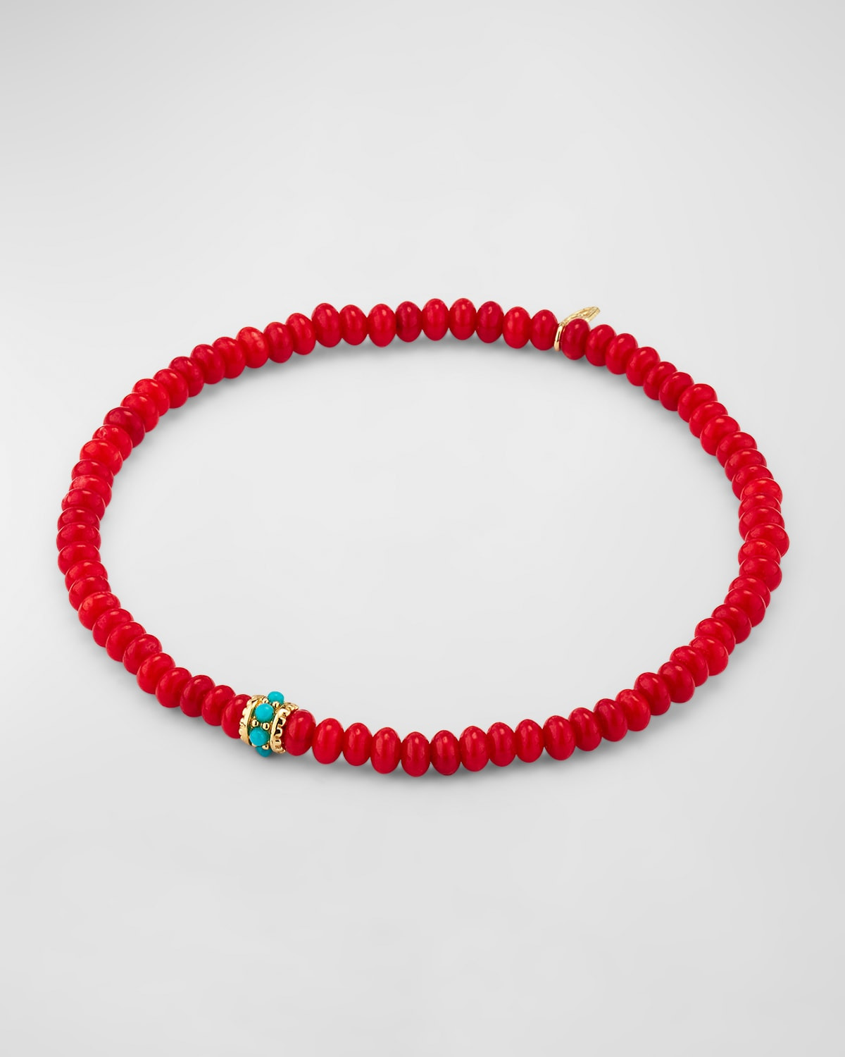 Gold and Turquoise Scallop Rondelle on Red Bamboo Coral Bracelet - 4