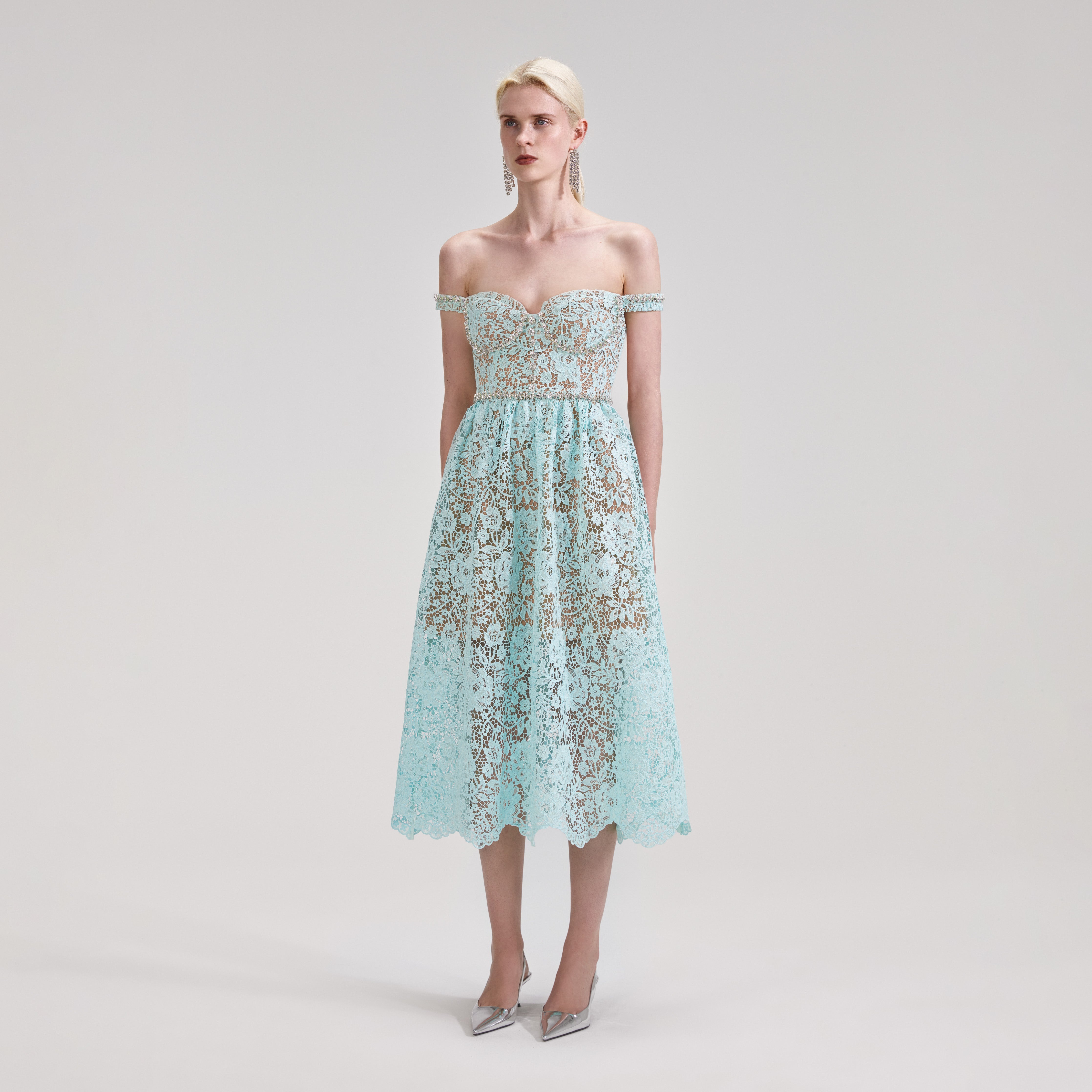 Blue Cord Lace Diamante Midi Dress - 2