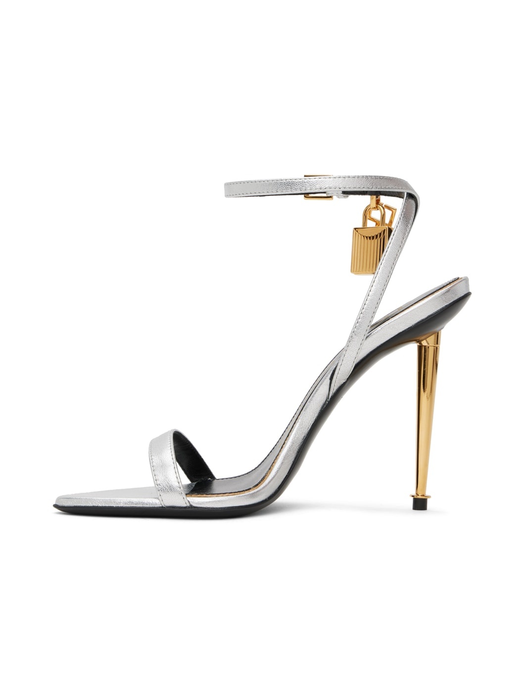 Silver Padlock Pointy Naked Heeled Sandals - 3