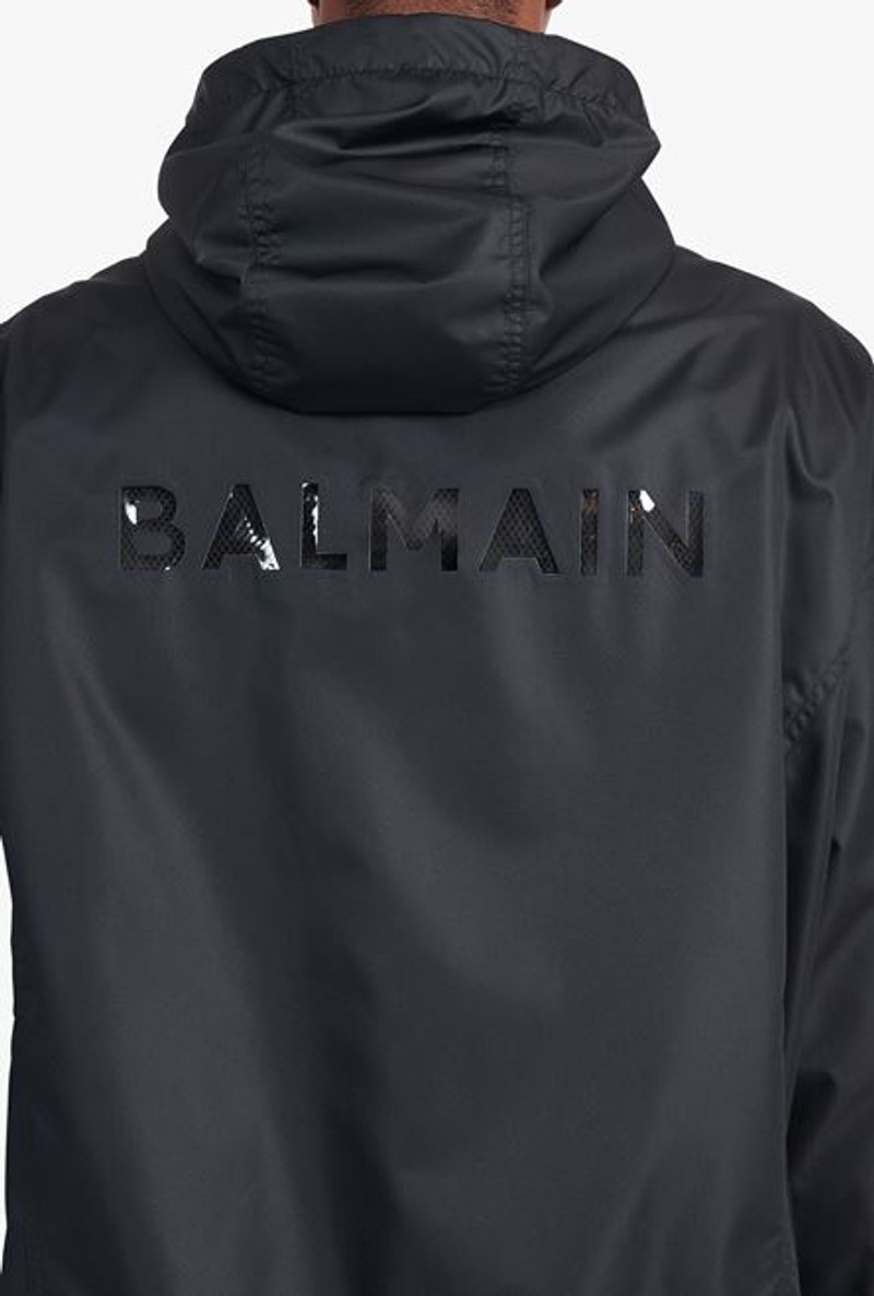 Black hooded nylon windbreaker with transparent Balmain logo 8