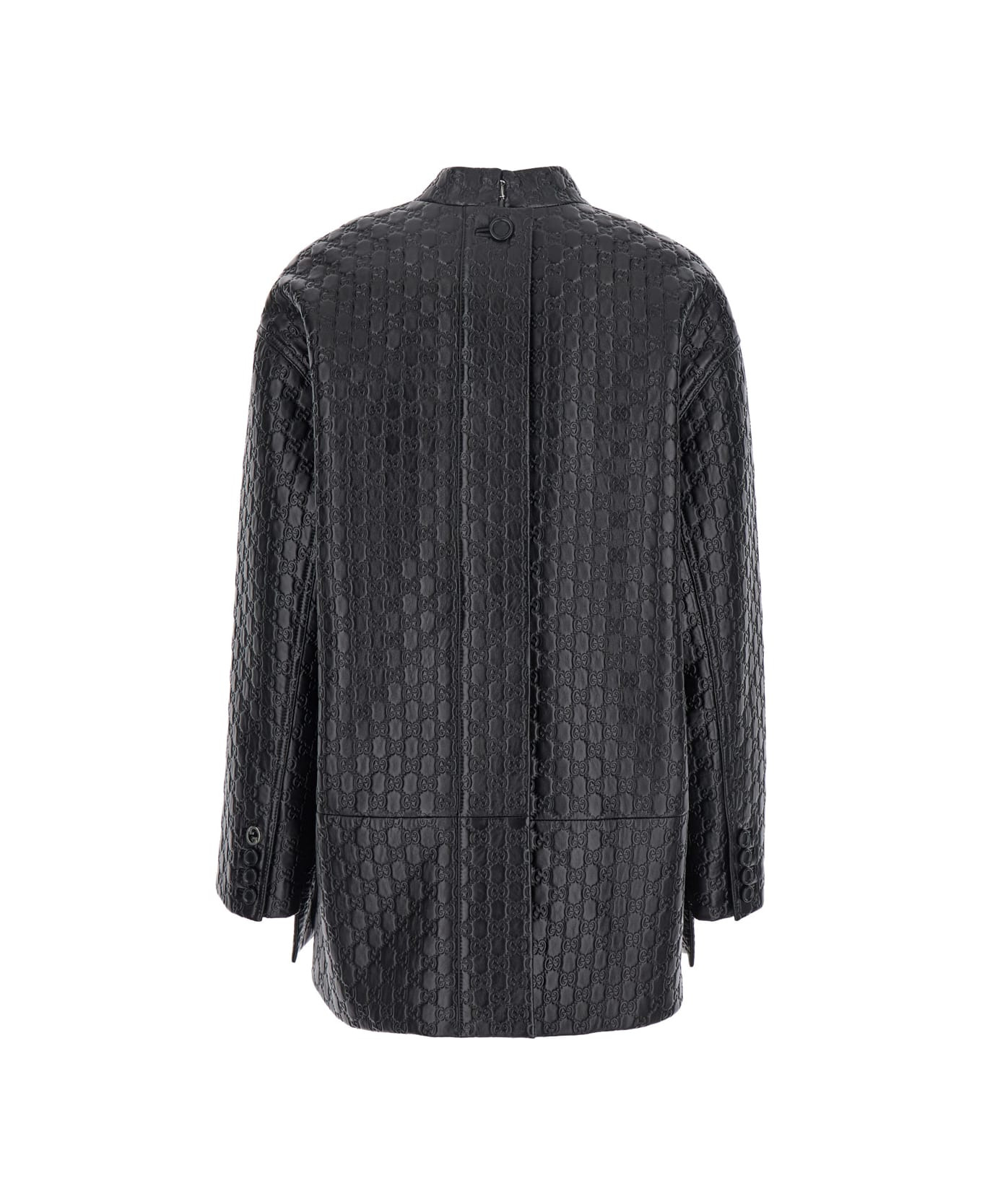 Black Jacket With Embossed All-over Gg Logo In Leather Woman - 2