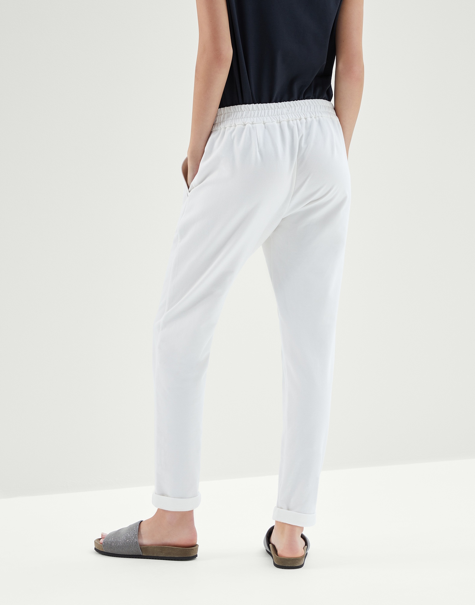 Stretch cotton lightweight French terry trousers with monili - 2