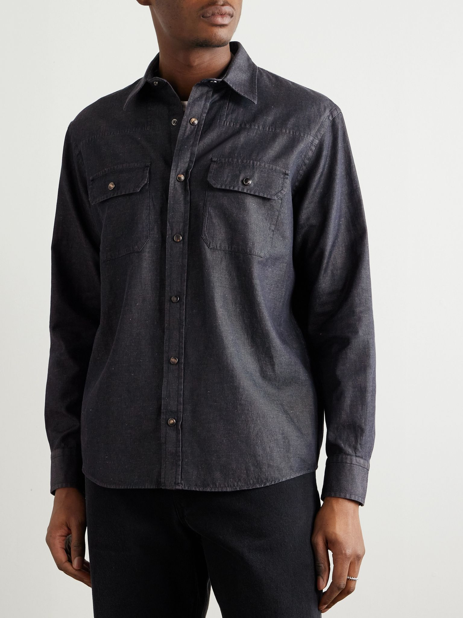 Slim-Fit Cotton and Linen-Blend Twill Shirt Black - 3