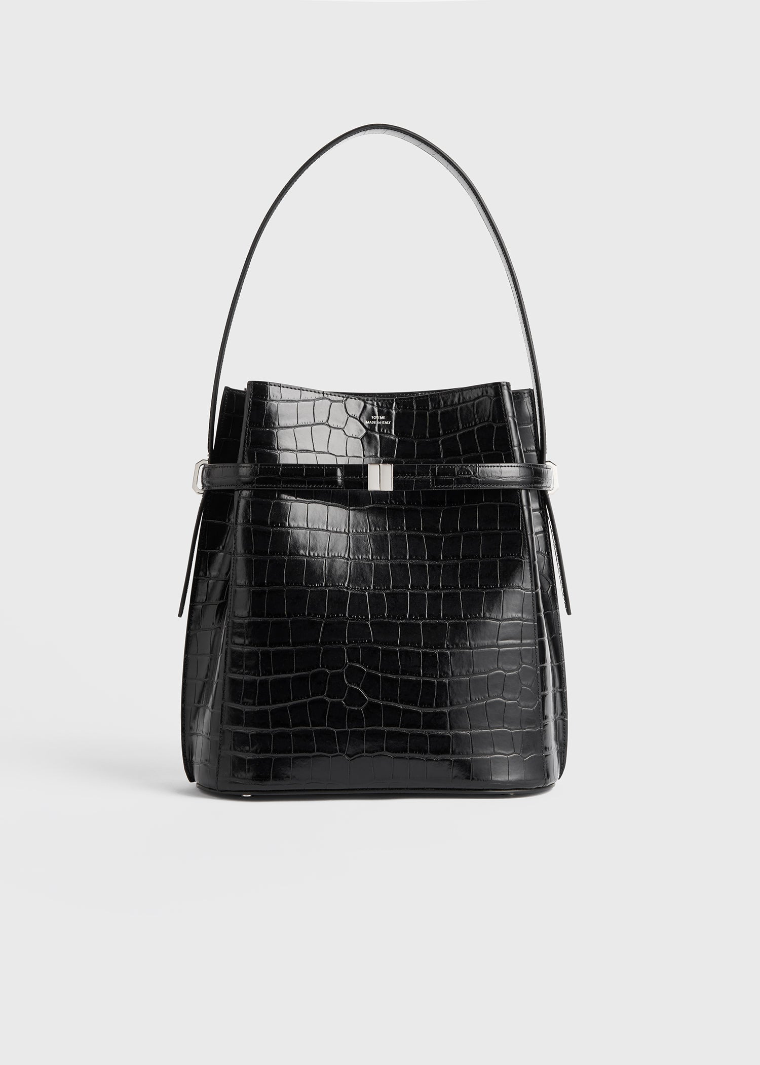 Belted croco-embossed bucket bag black - 9