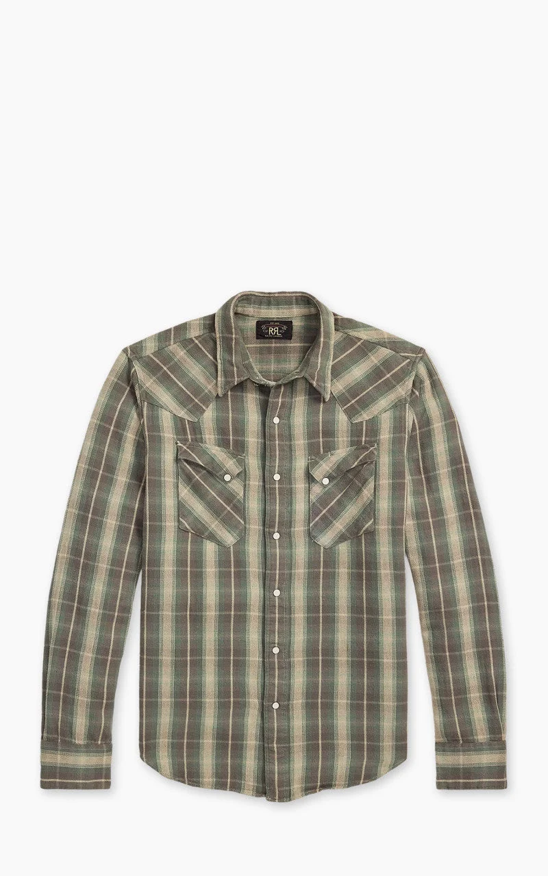 RRL SLIM FIT PLAID TWILL WESTERN SHIRT GREEN/GREY - 1