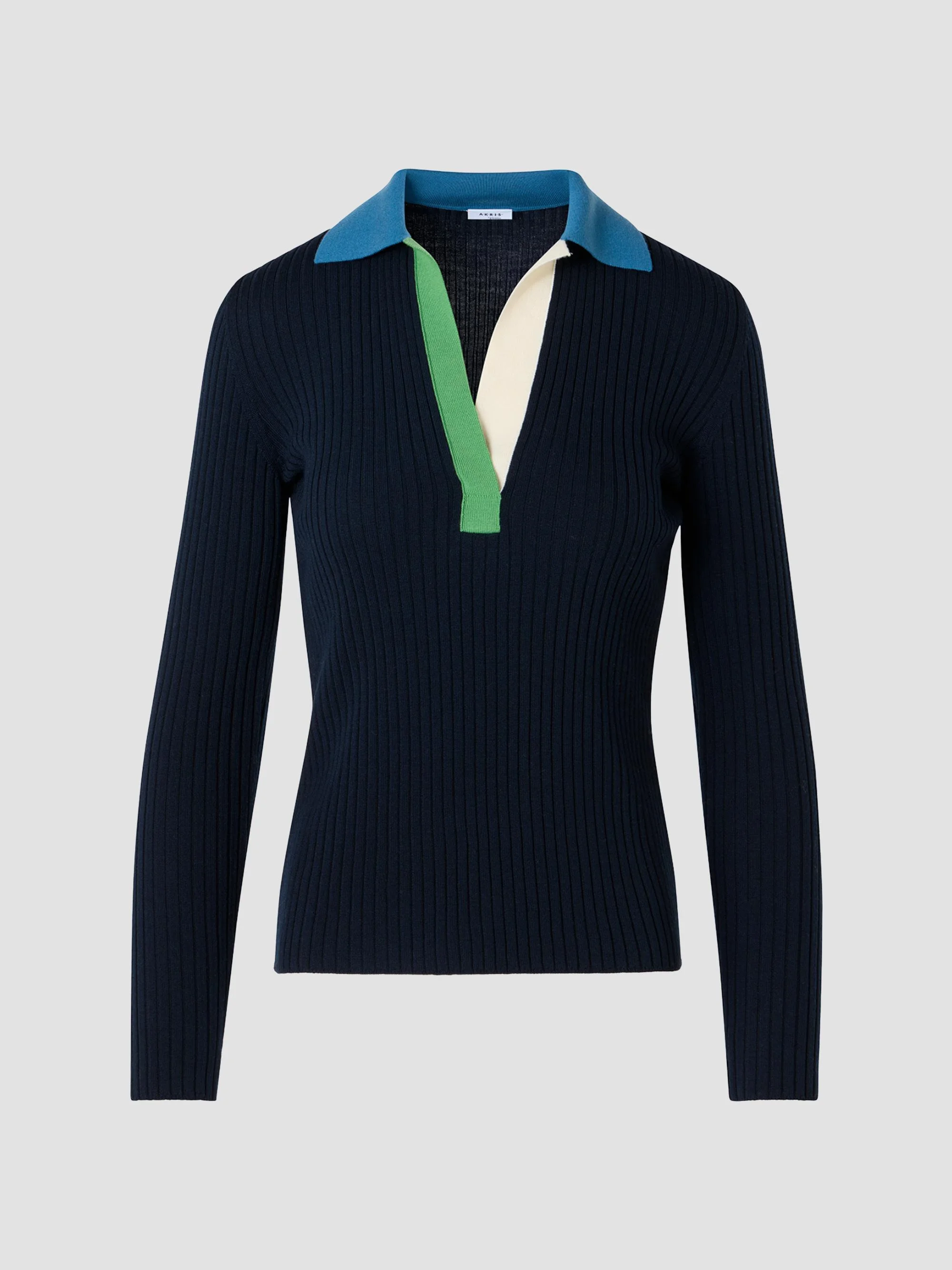 Women's Colorblocked Rib-Knit Wool Long-Sleeve Polo Shirt - Multicolor - 1