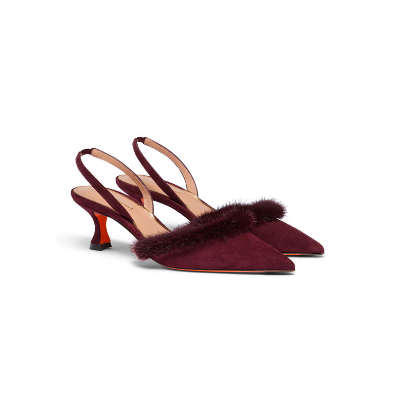Women's burgundy suede and mink mid-heel slingback 3