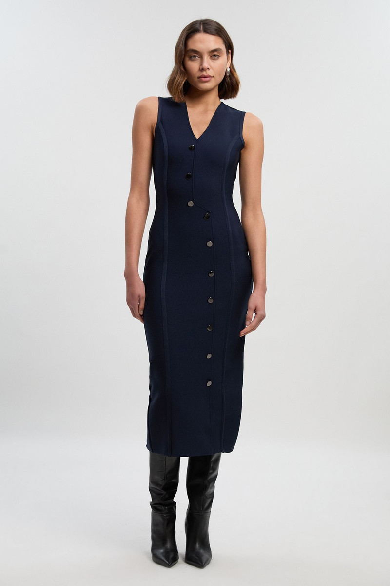 KAREN MILLEN Figure Form Bandage Button Through Pencil Midi Dress outlook