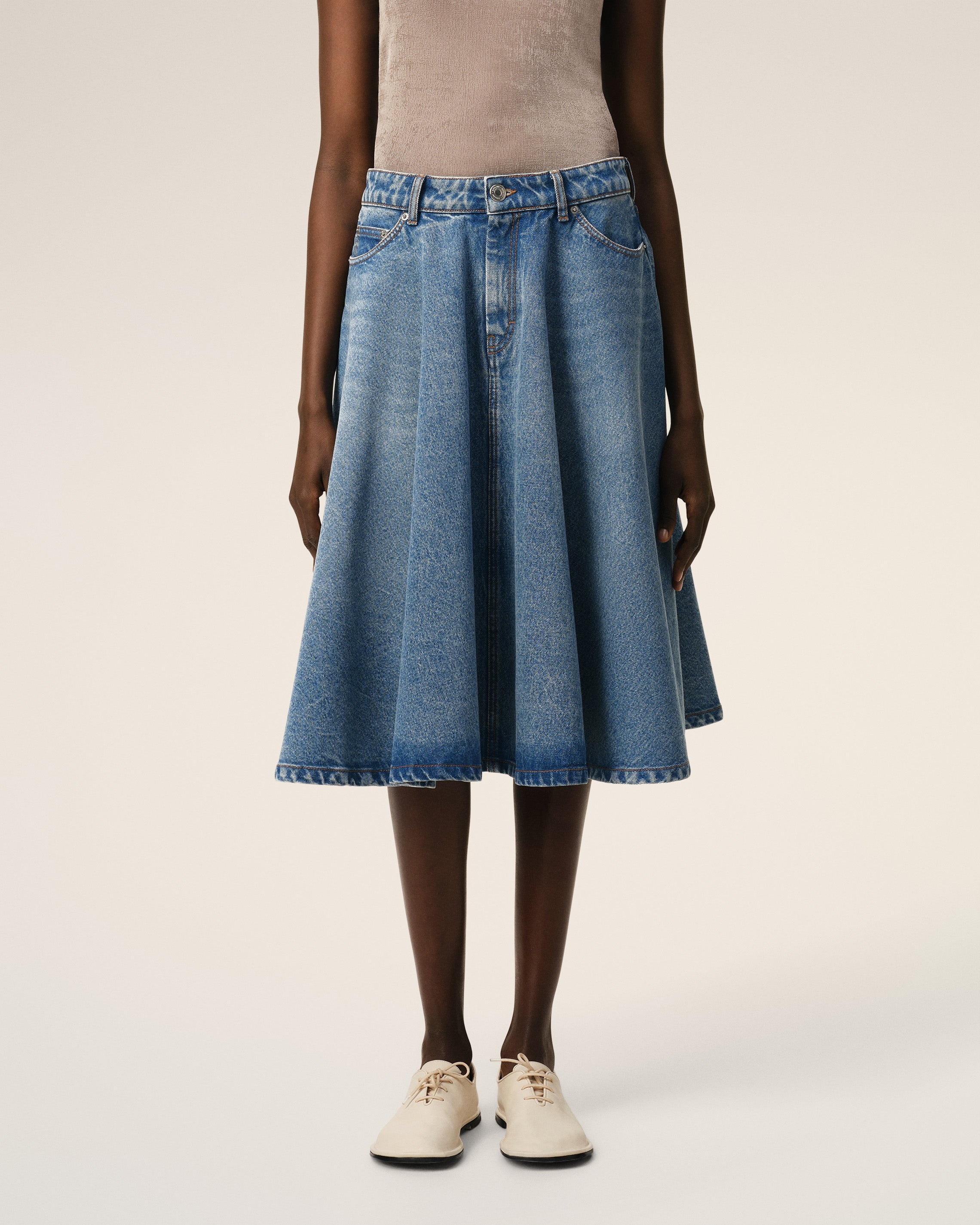 BLUE COTTON MIDI SKIRT WITH GODETS - 3