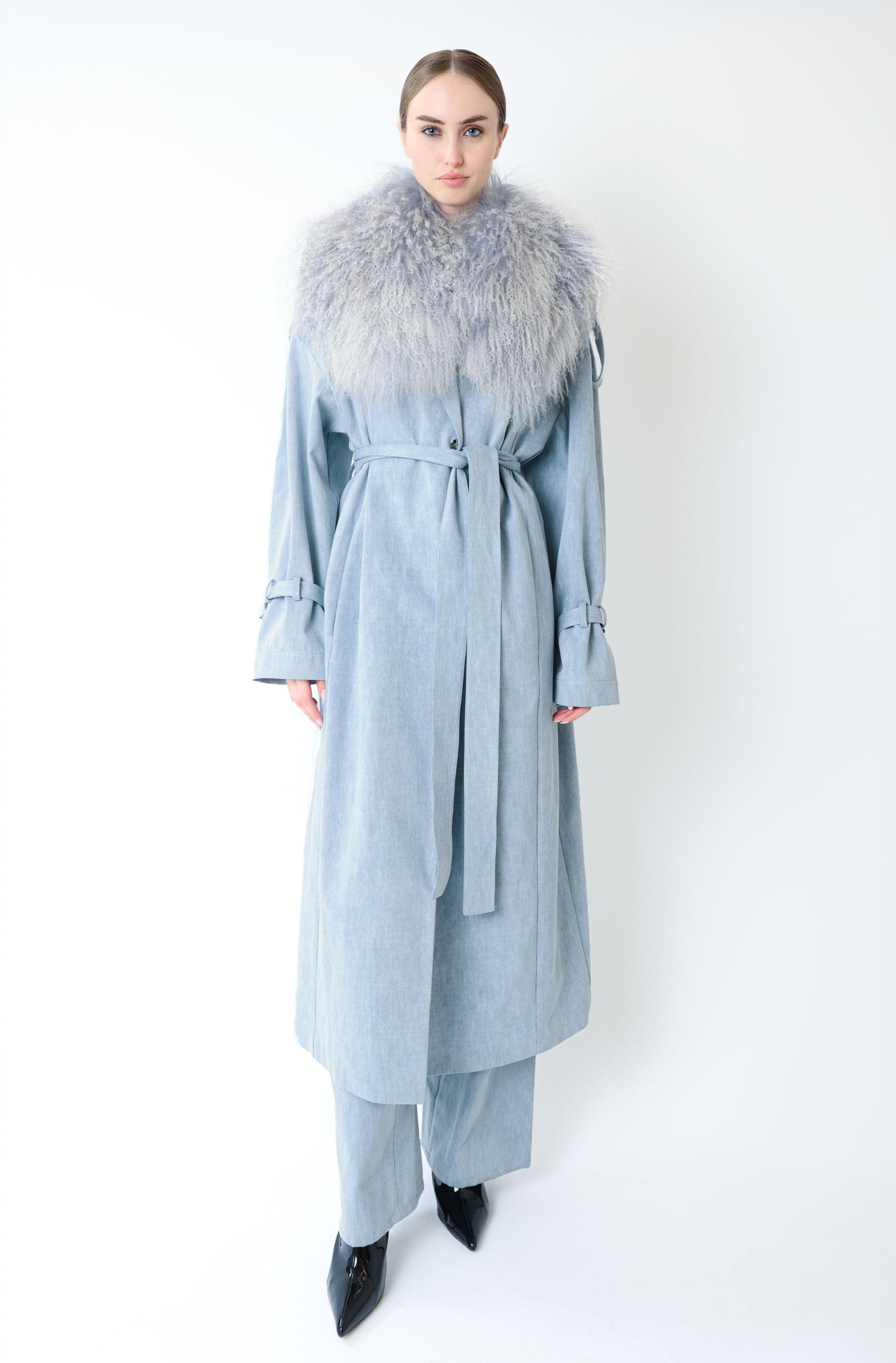 Washed Denim Relaxed Trench With Mongolian - 2