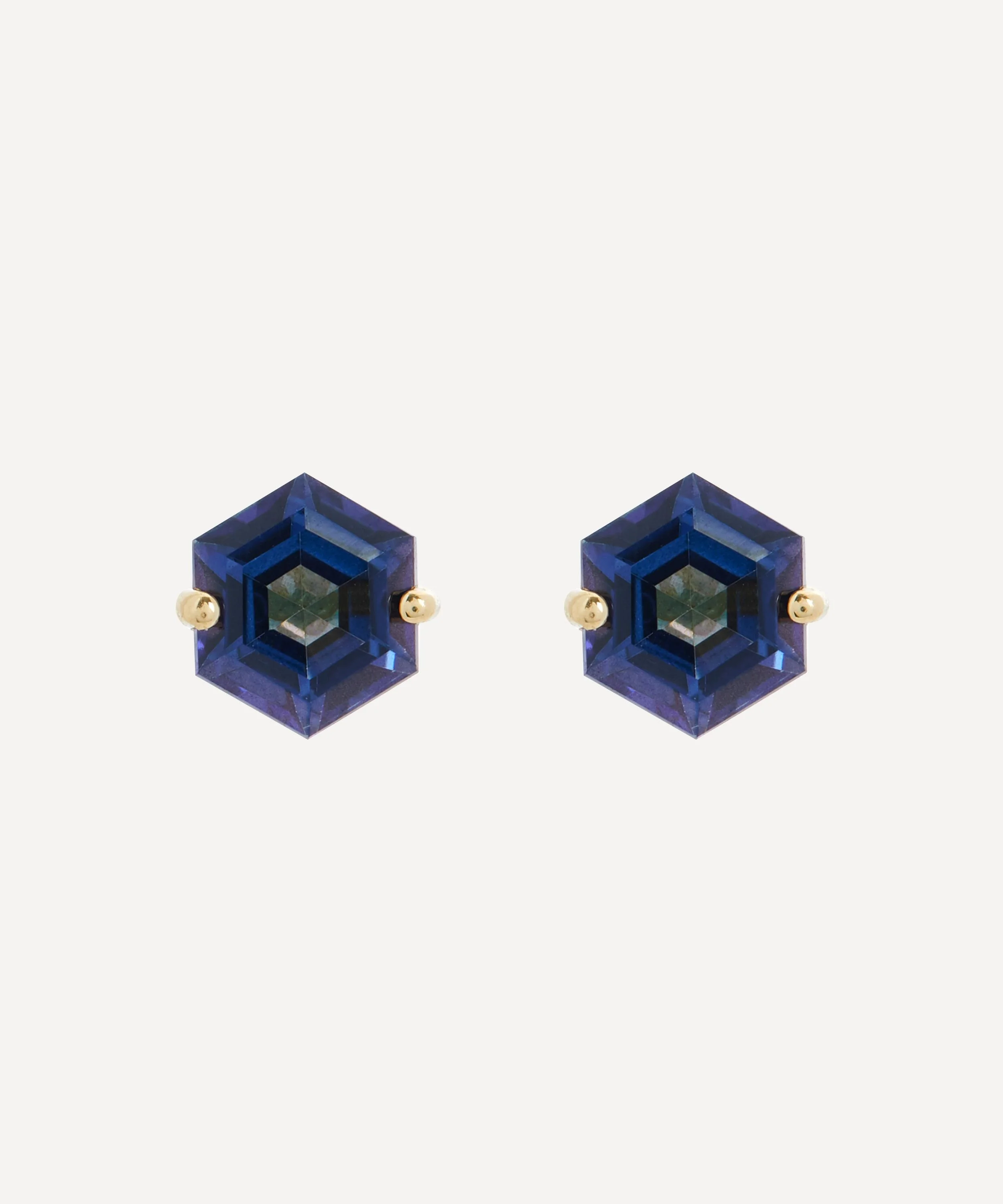 14ct Gold Hexagon Cut English Blue Topaz Stud Earrings - 1