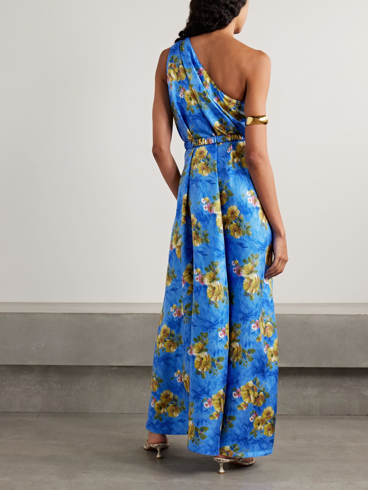 Roy one-shoulder belted floral-print silk-twill maxi dress Blue - 3