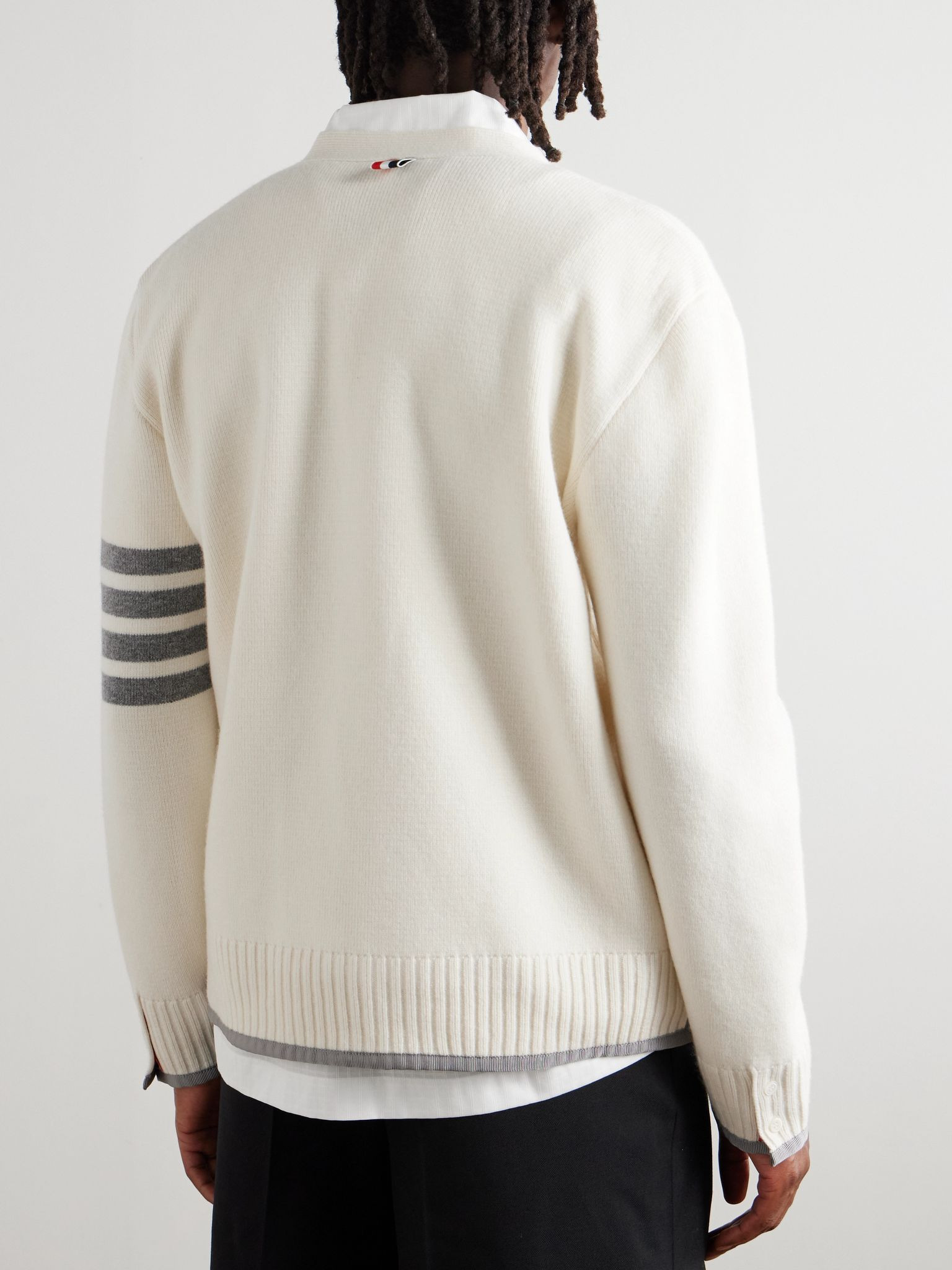 Grosgrain-Trimmed Striped Virgin Wool Cardigan White - 3