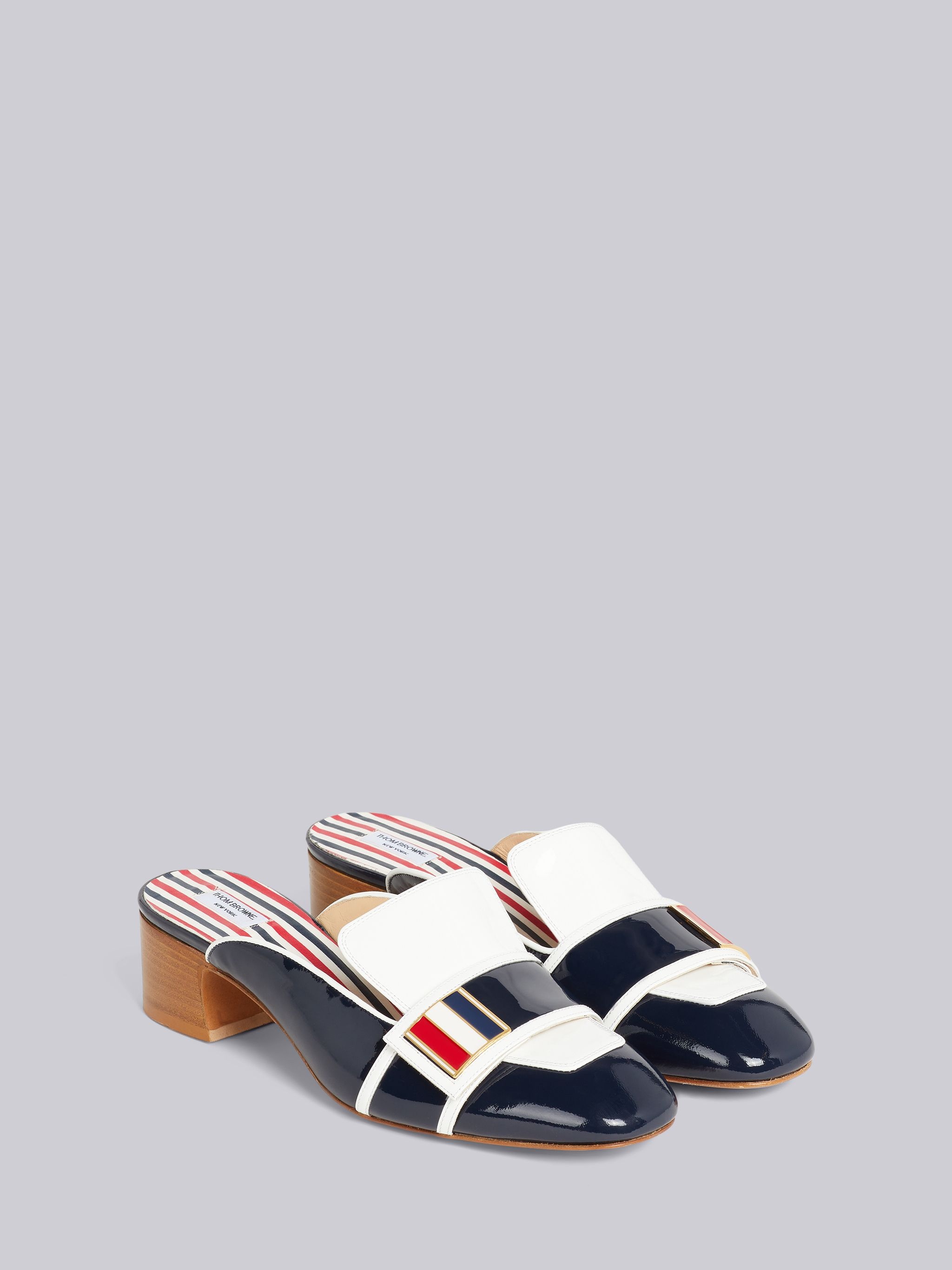 Navy Soft Patent Leather Stripe Enamel Strap 40mm Block Heel Chic Loafer Mule - 3