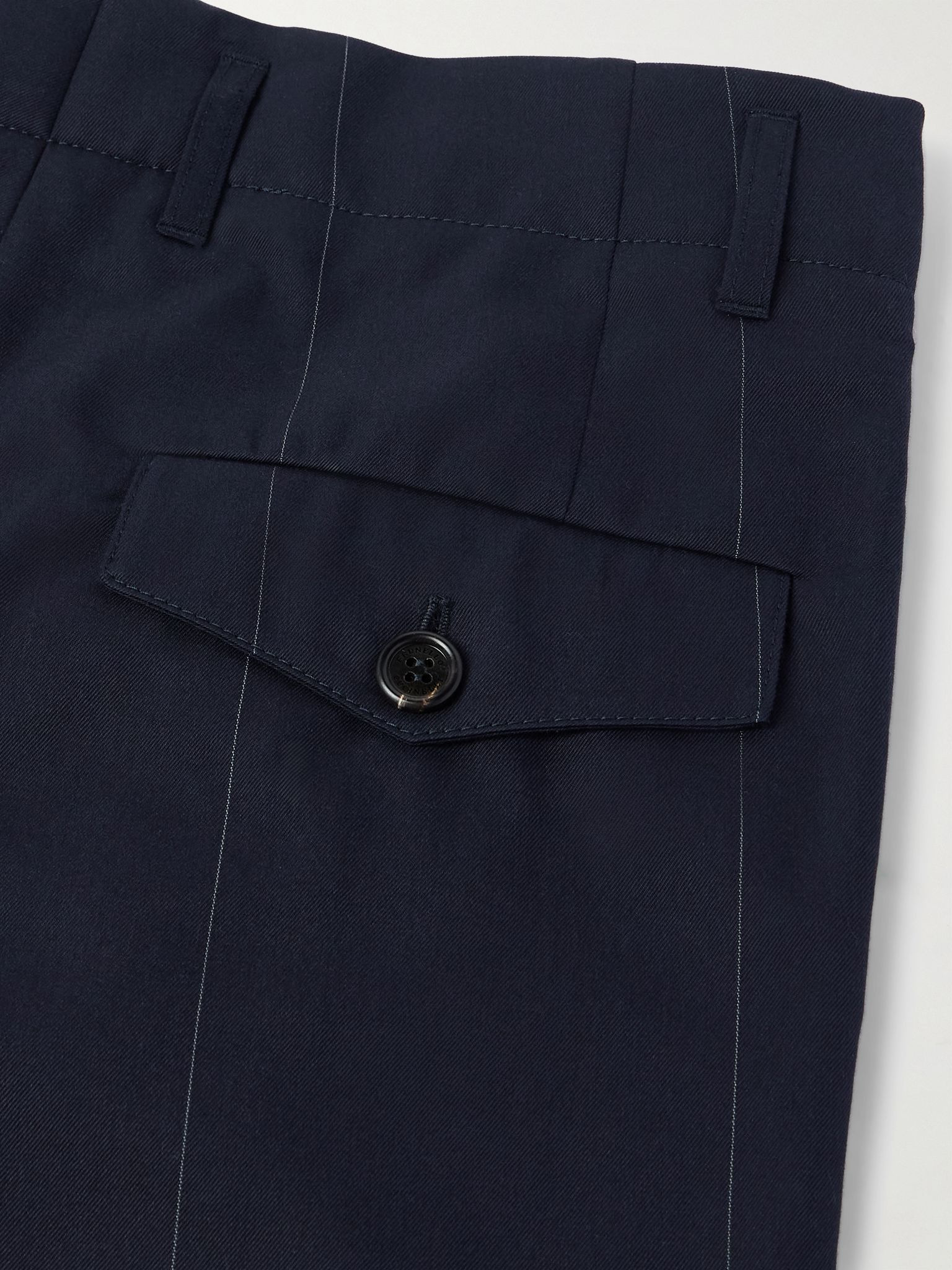 Tapered Pleated Pinstriped Wool and Cotton-Blend Trousers Navy - 5
