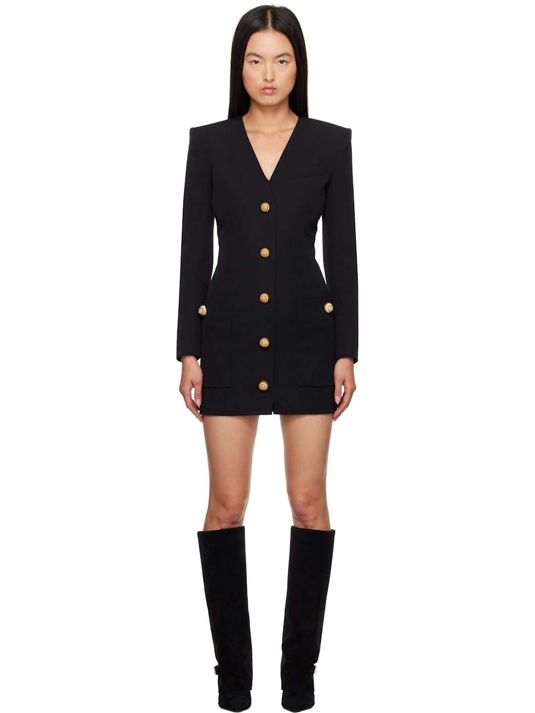 Black Button Tailored Mini Dress - 1