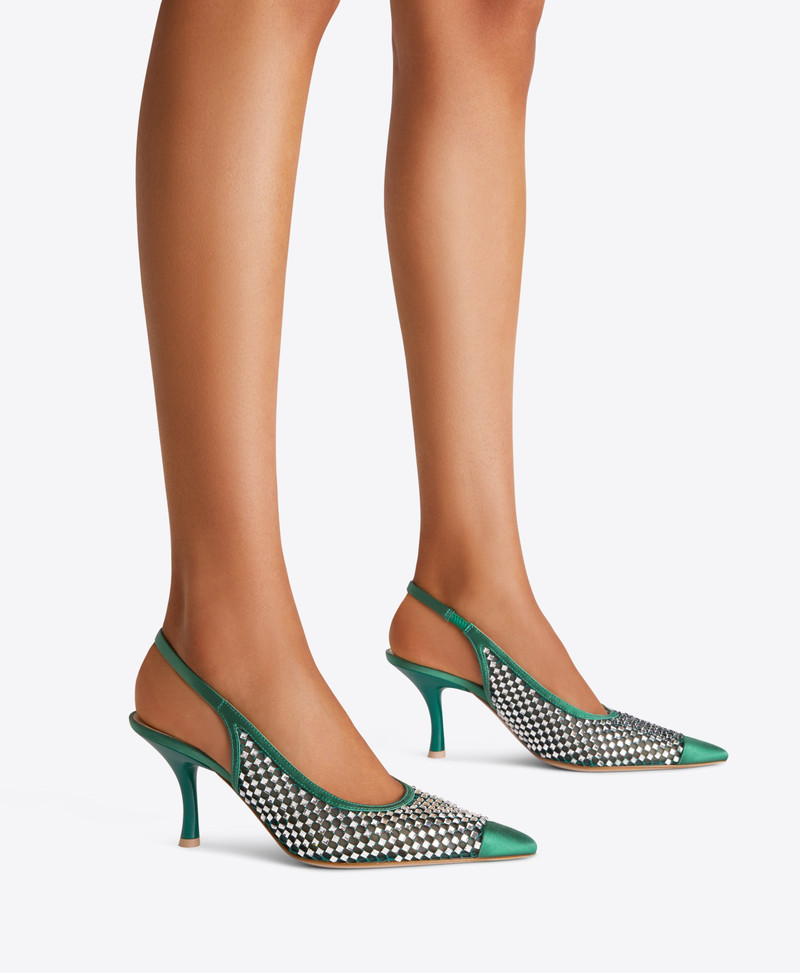 Vesper 70 Green Crystal Satin Slingbacks 5