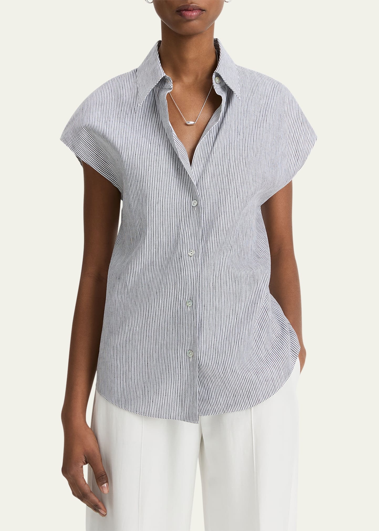 Ticking Stripe Cap-Sleeve Blouse - 3