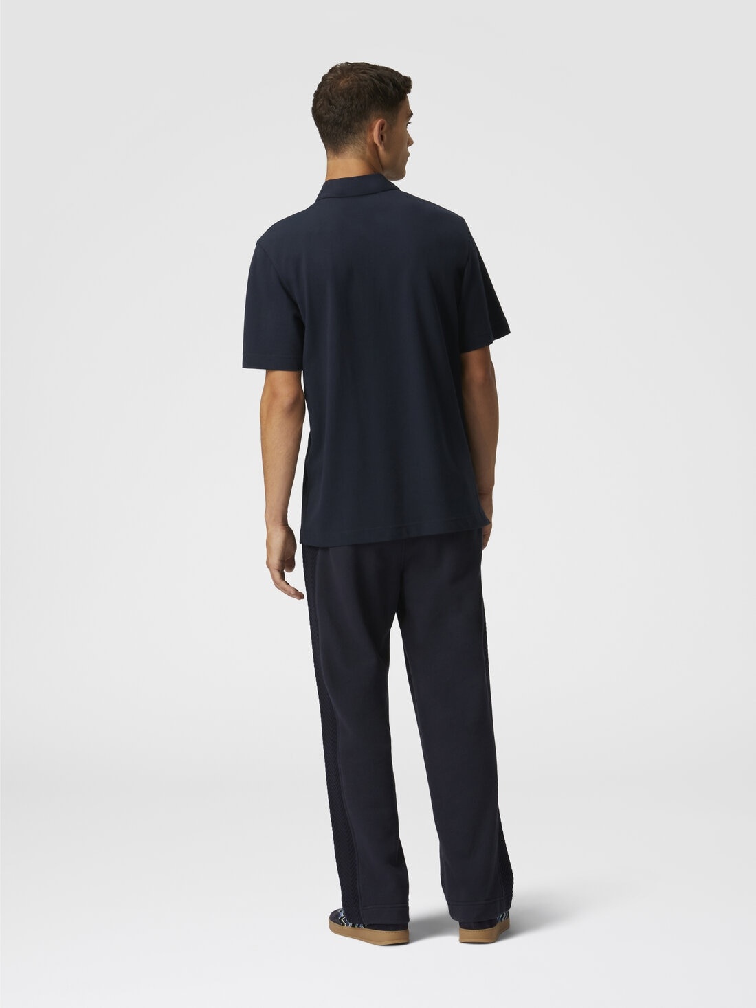 Solid color cotton piqué polo shirt with zigzag embroidery and contrasting detail - 3
