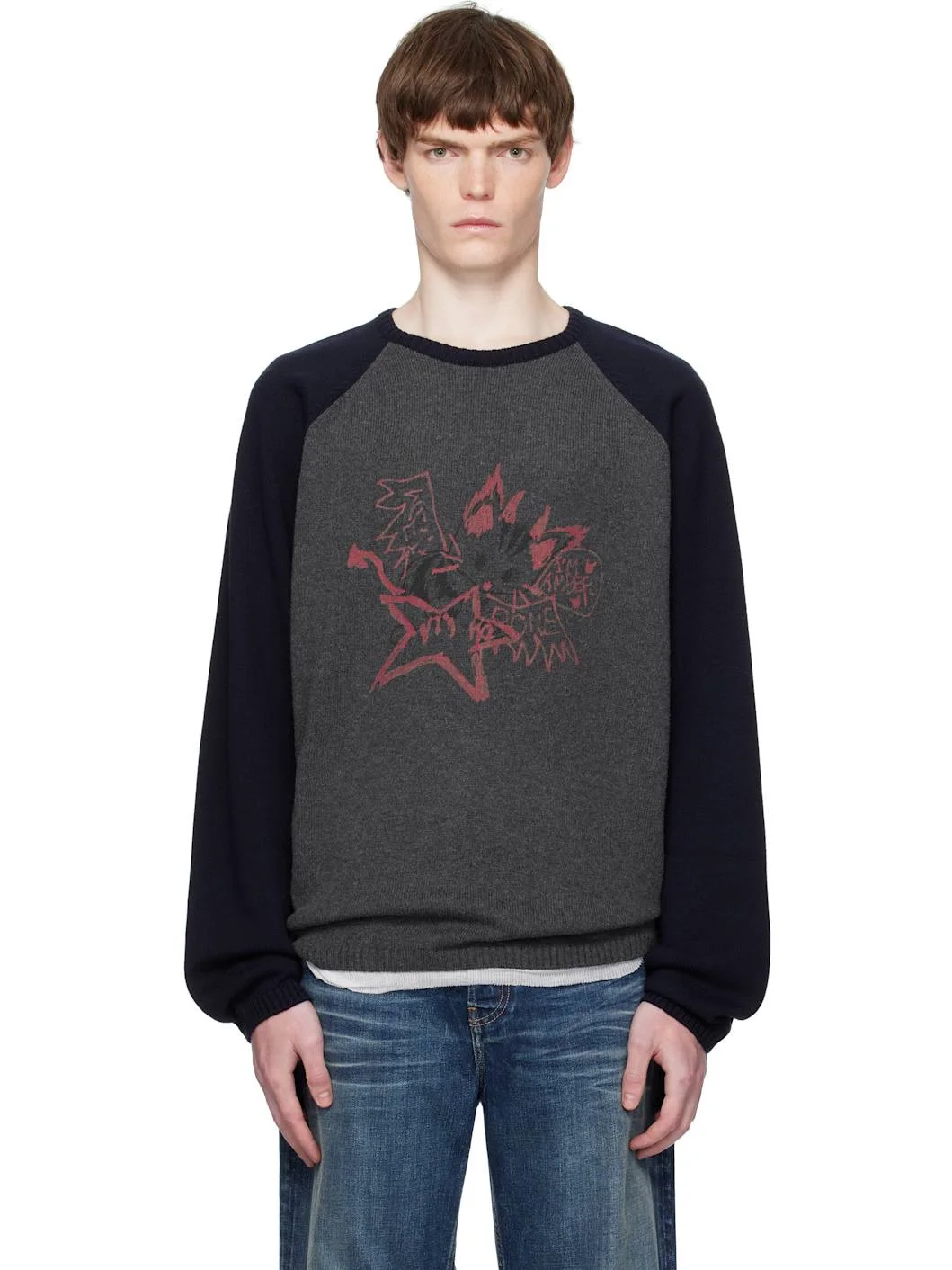 Gray & Navy Printed Raglan Knit Pullover Sweater - 1