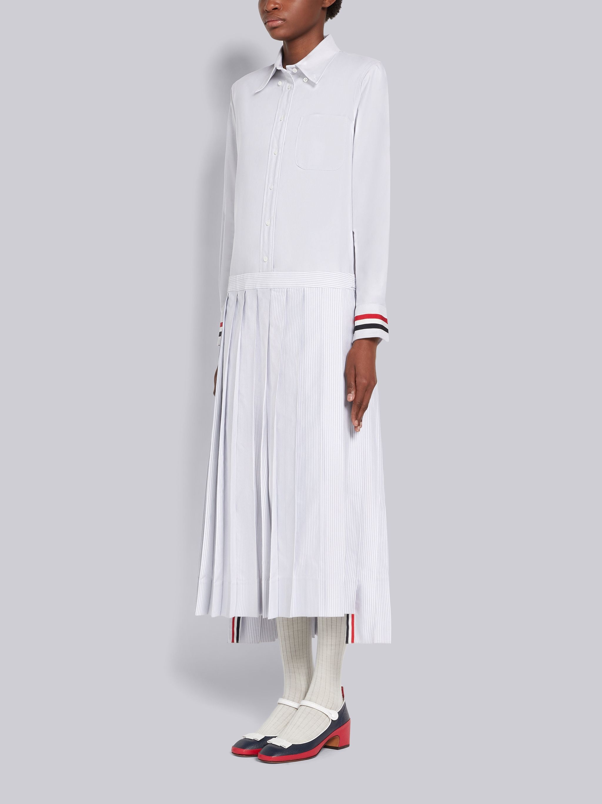 Medium Grey University Stripe Cotton Oxford Grosgrain Stripe Cuff Below-the-Knee Pleated Shirtdress - 2