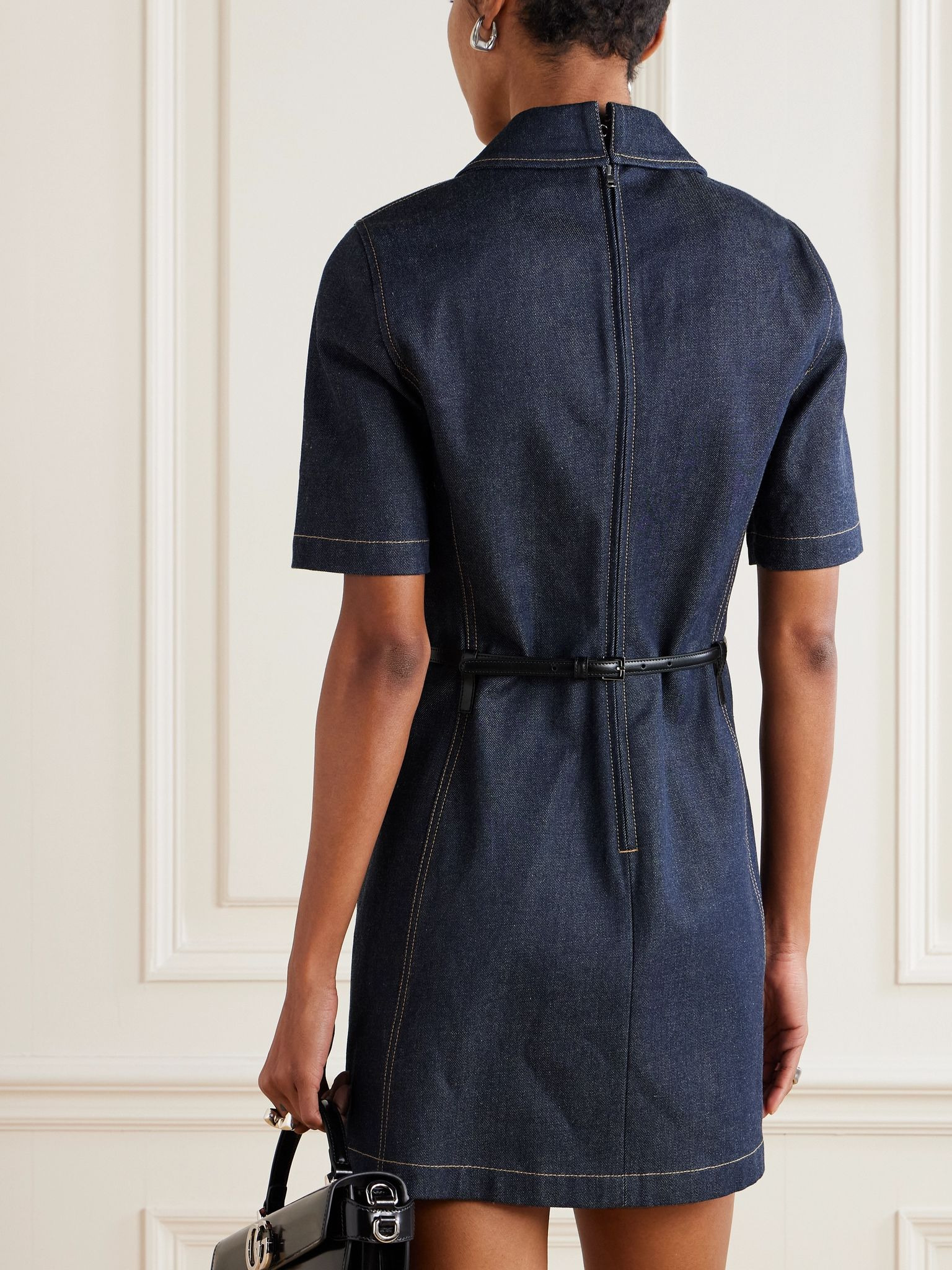 Belted leather-trimmed denim mini dress Midnight blue - 3