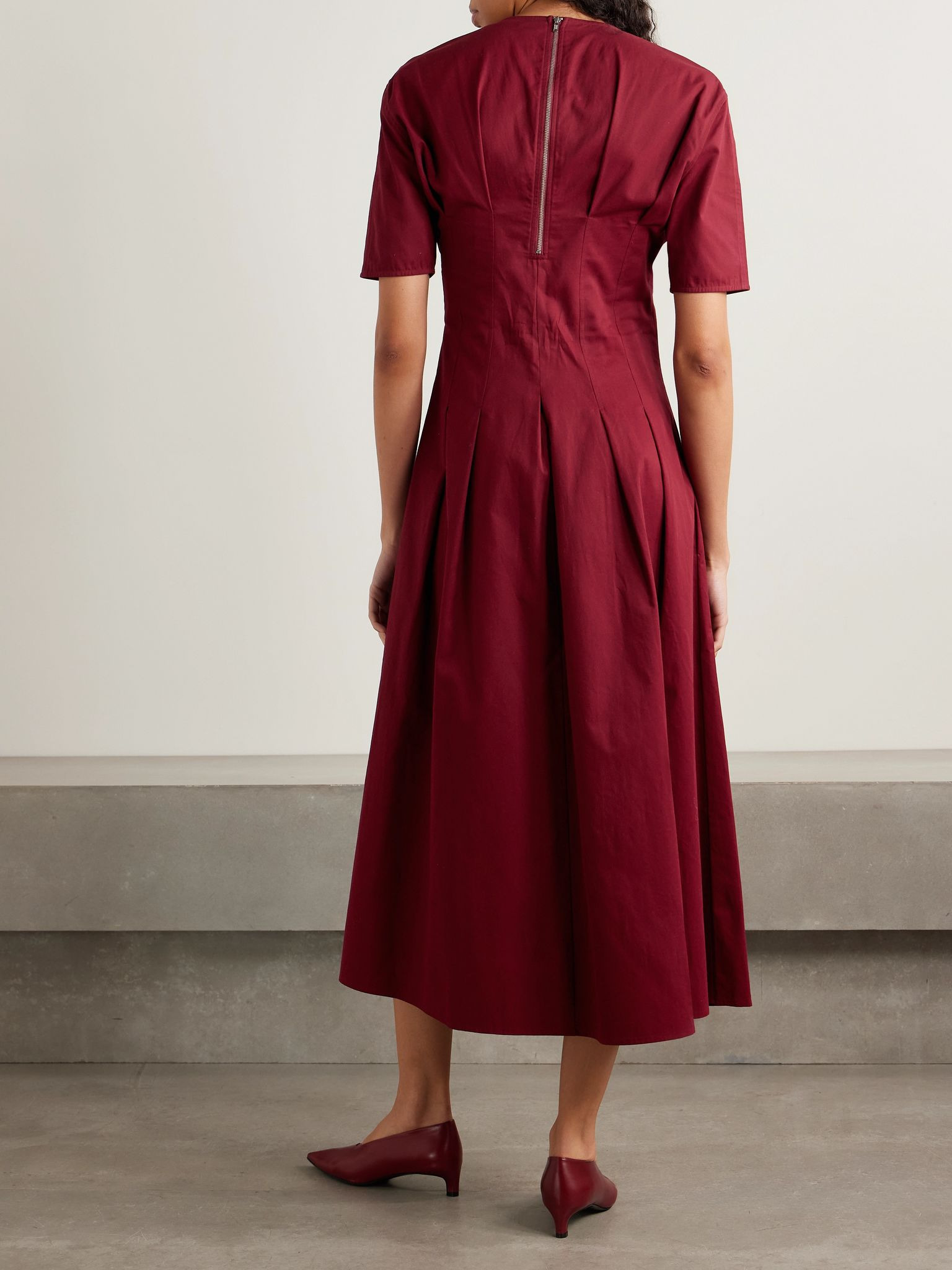 Ainsley pleated brushed cotton-blend twill midi dress Claret - 3