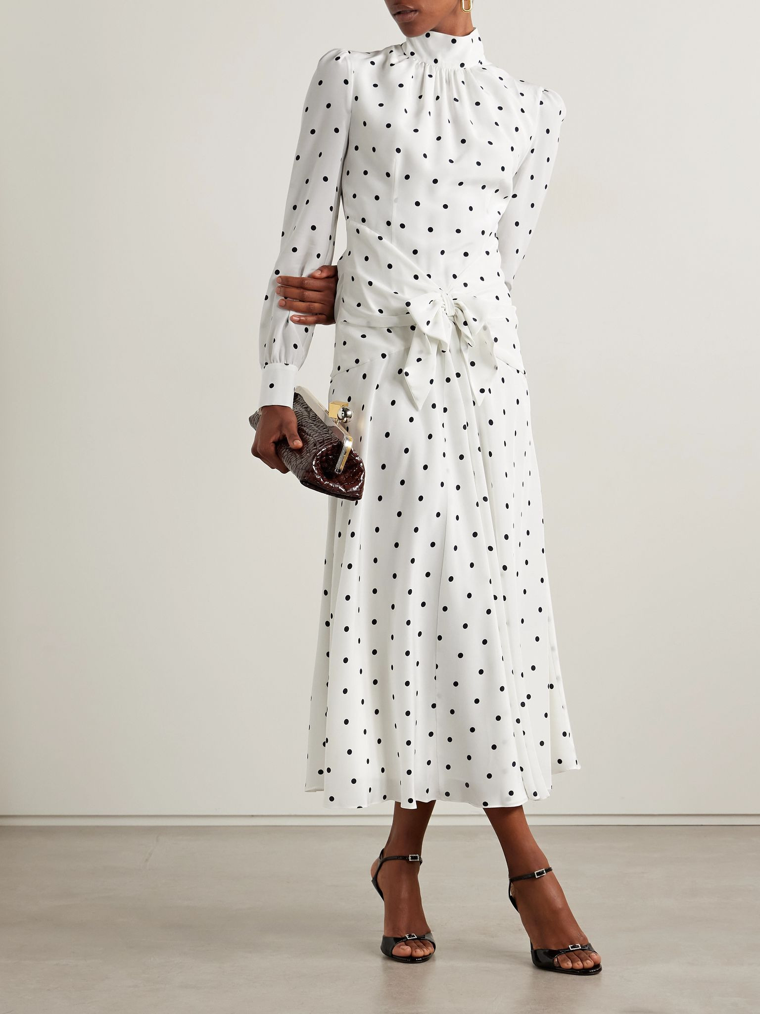 Bow-embellished gathered polka-dot silk-georgette midi dress White - 2