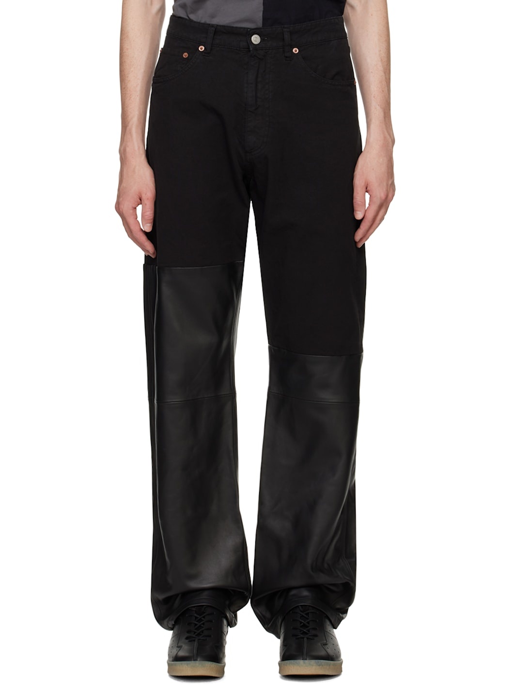 Black Paneled Leather Jeans - 1