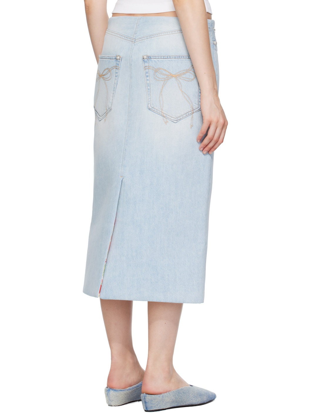 Blue Padded Denim Midi Skirt - 3