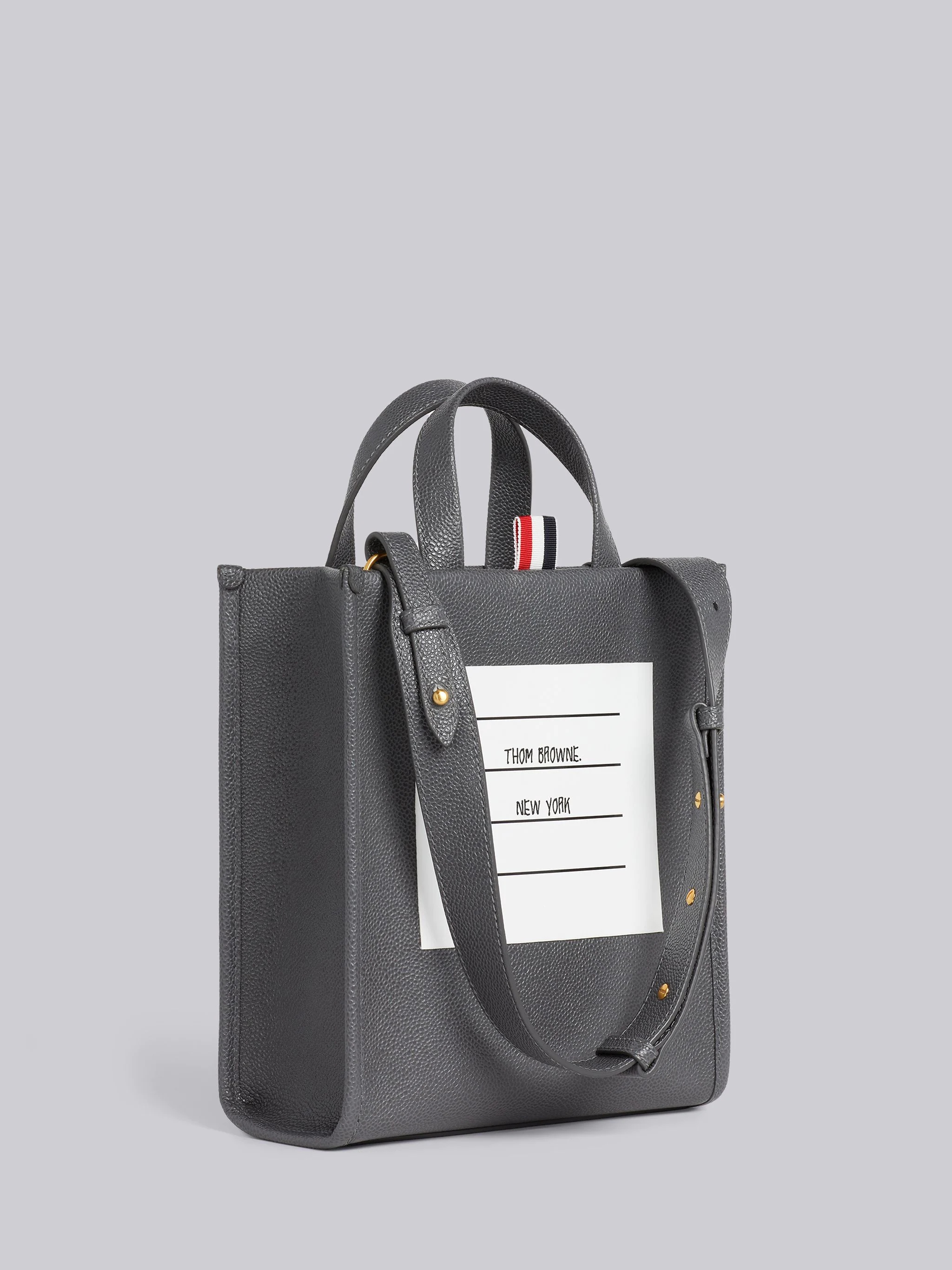 Dark Grey Pebble Grain Leather Paper Label Small Squared Tote - 3