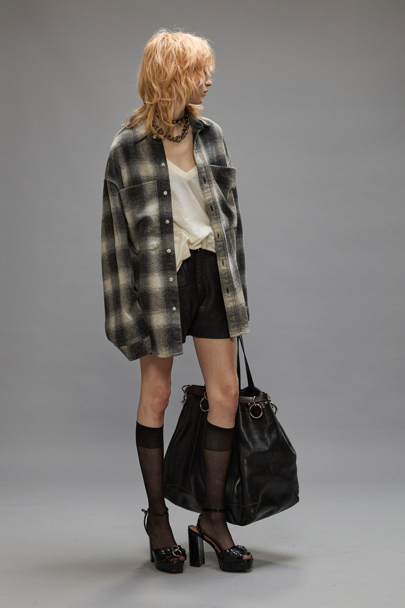 OVERSIZED POCKET DROP NECK - GREY OMBRE PLAID - 2