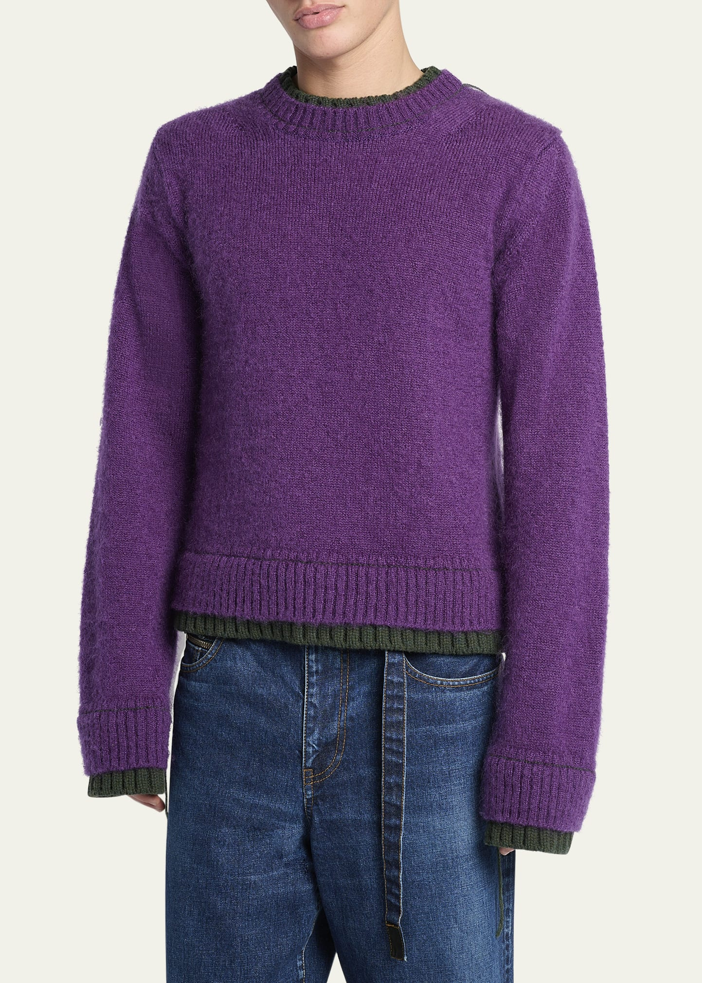 Men's Mohair Knit Layered Crewneck Sweater - 4