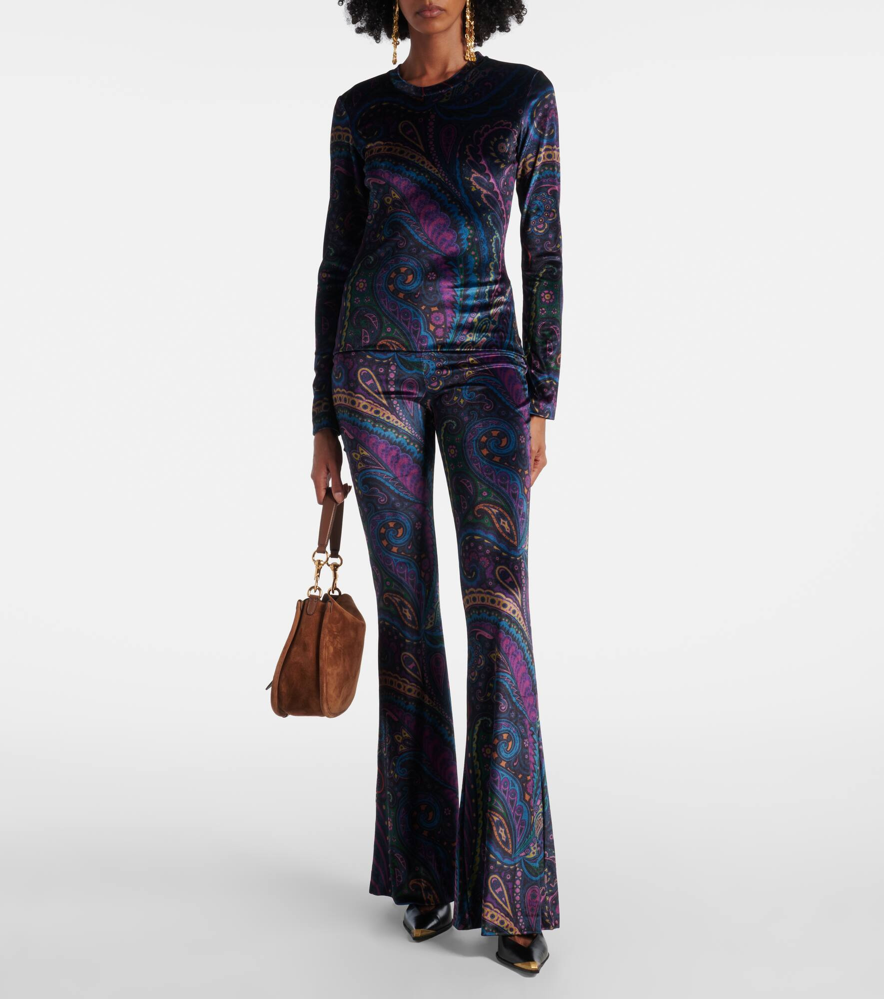 Printed high-rise velvet flared pants - 2