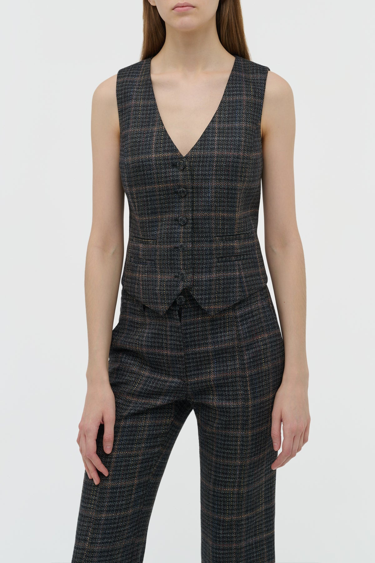 Coleridge Vest in Charcoal Multi Wool Silk Clubcheck Plaid - 5