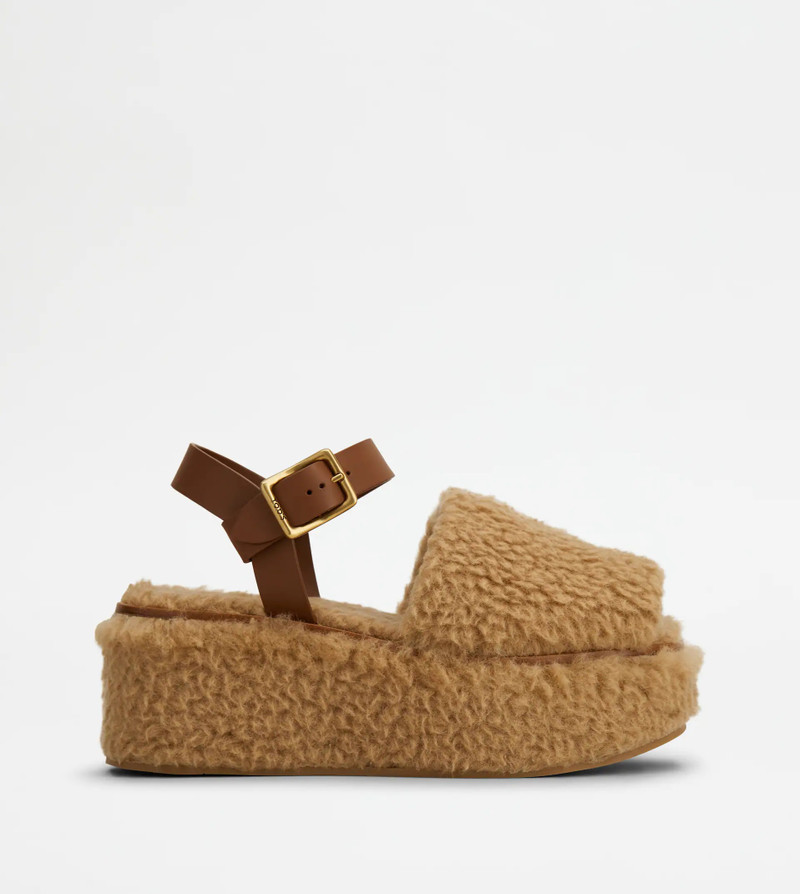 WEDGE SANDALS IN LEATHER AND WOOL - BROWN 1