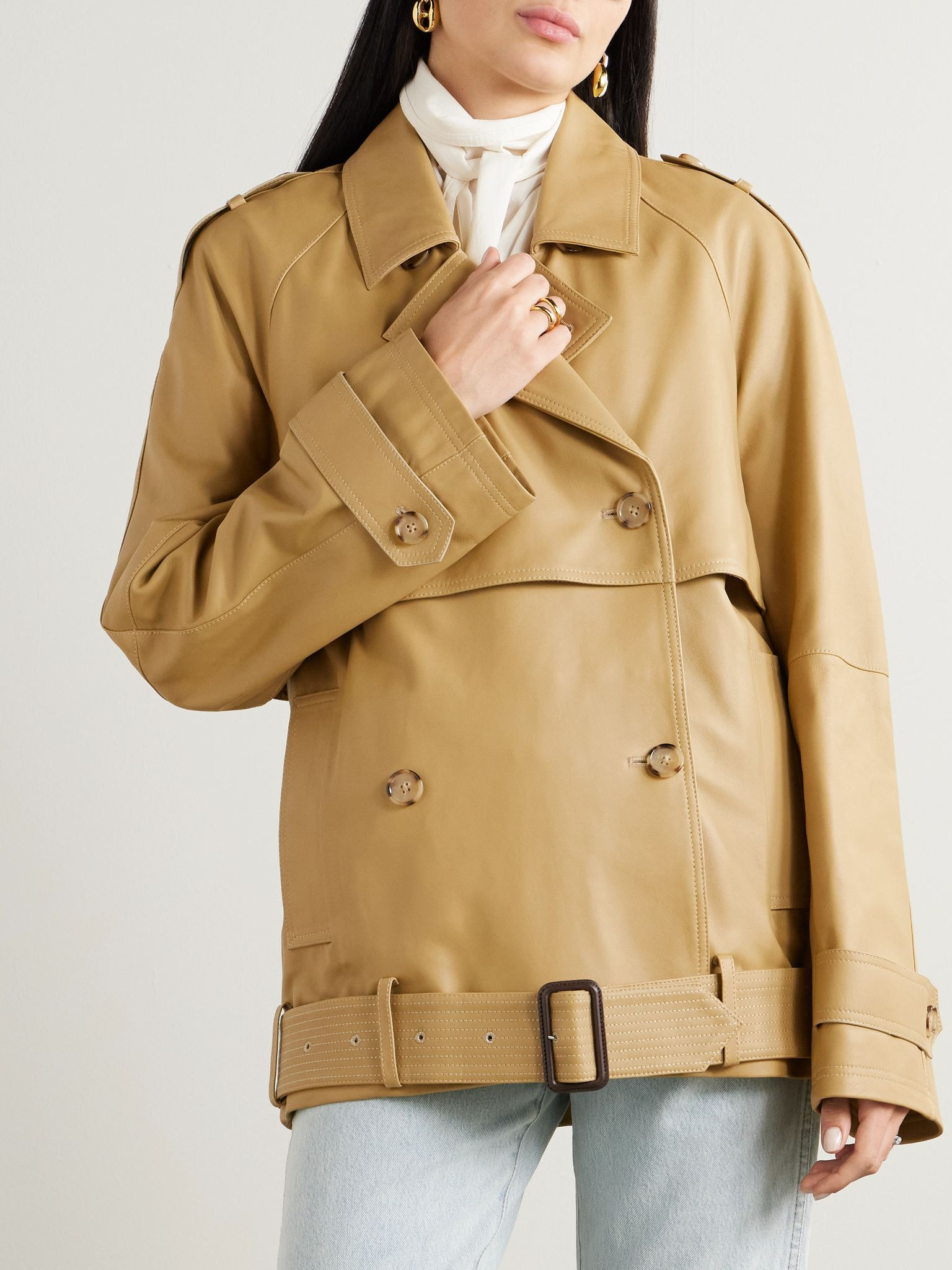 Double-breasted belted layered leather jacket Sand - 3