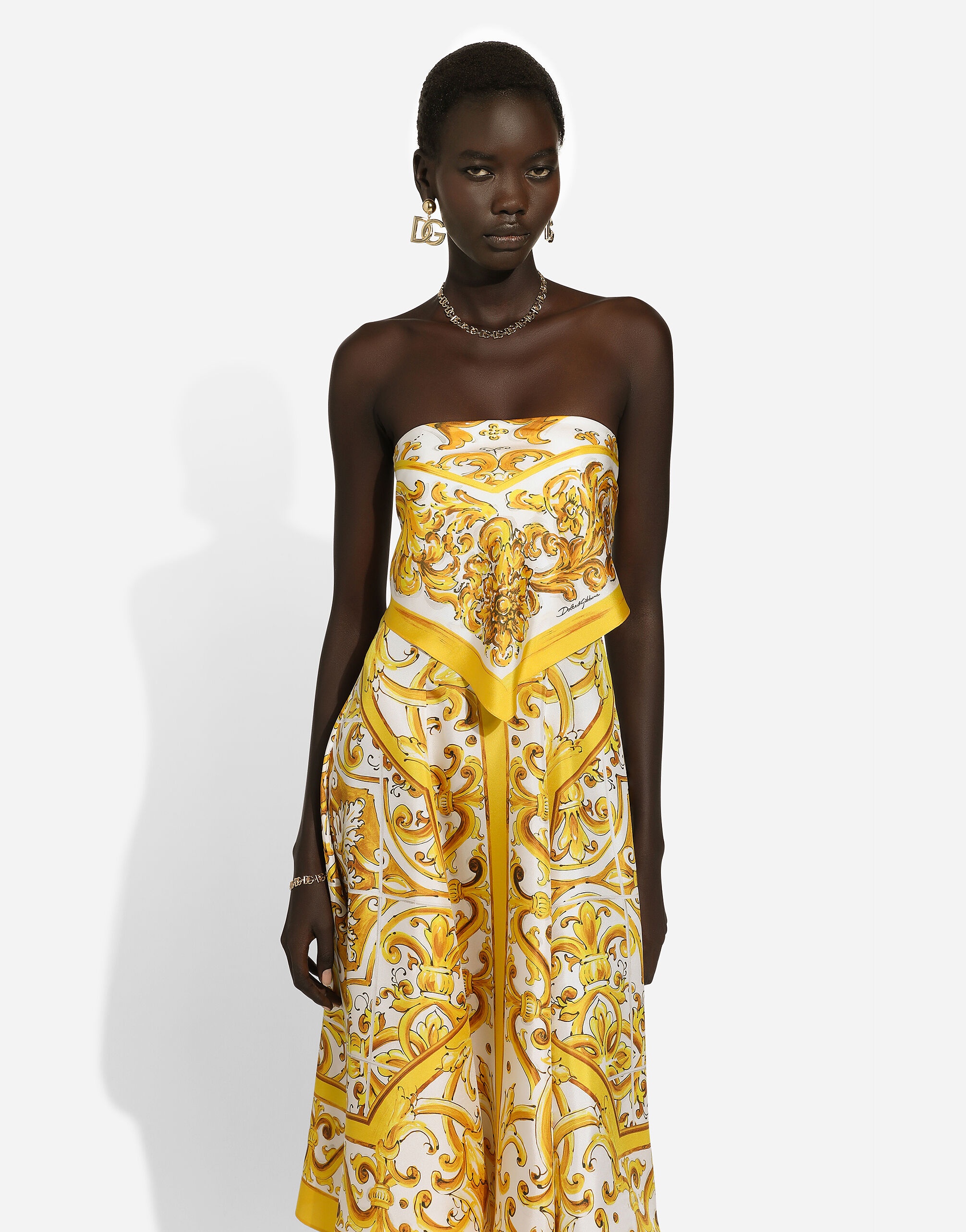 Midi dress with foulard effect in majolica-print silk charmeuse - 5