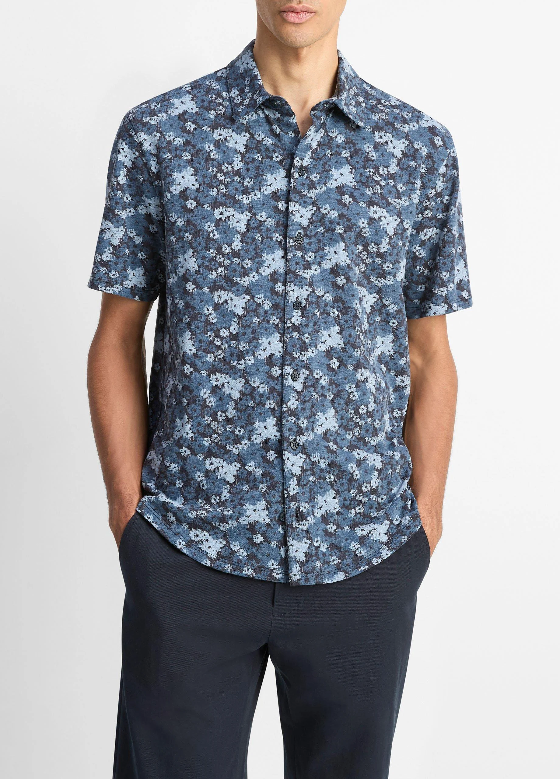 Floral Slub Cotton Short-Sleeve Button-Front Shirt - 1