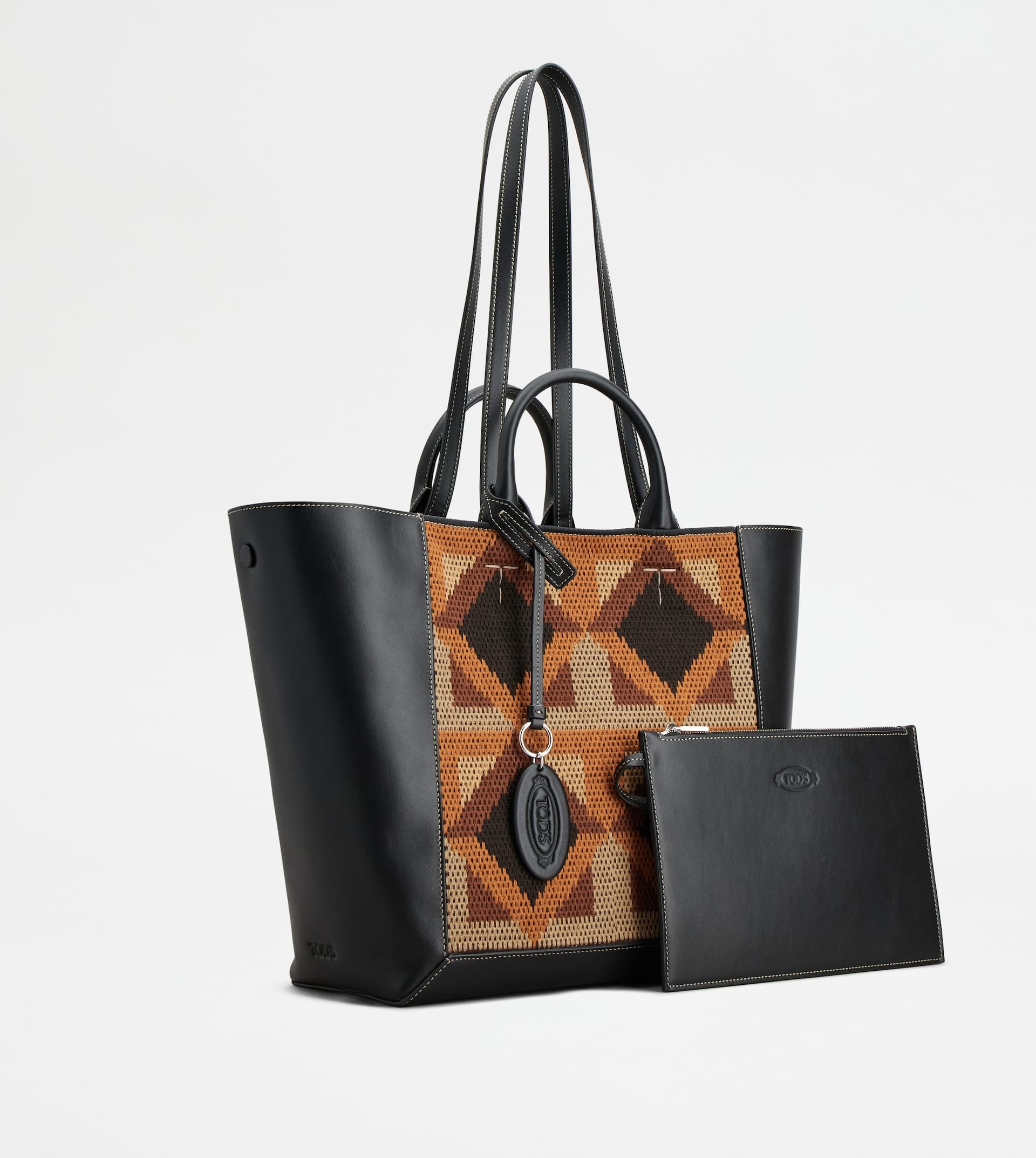 TOD'S DOUBLE UP SHOPPING BAG IN LEATHER AND FABRIC MEDIUM - BLACK, BEIGE, ORANGE - 6