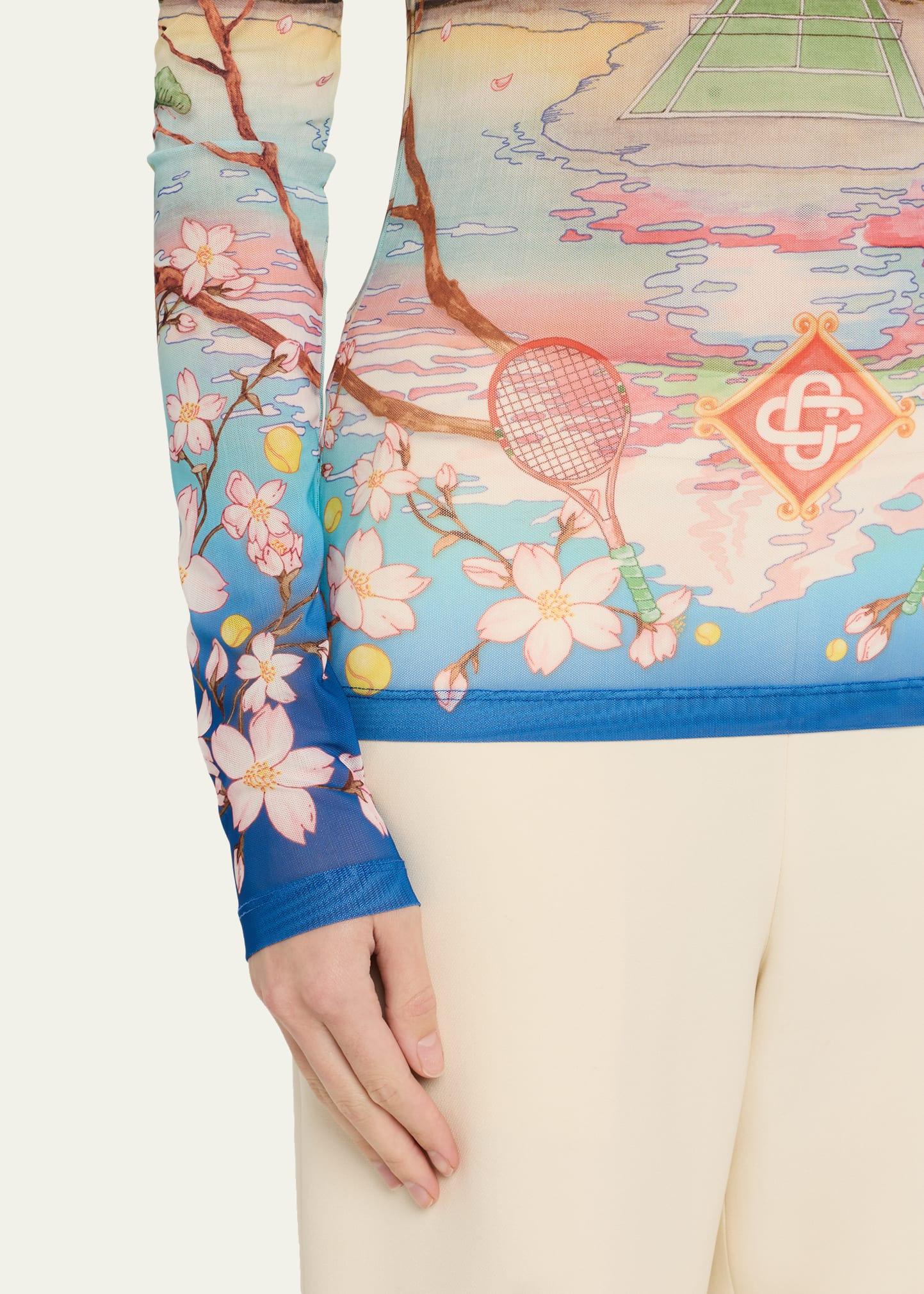 Mock-Neck Printed Mesh Long-Sleeve Top - 5